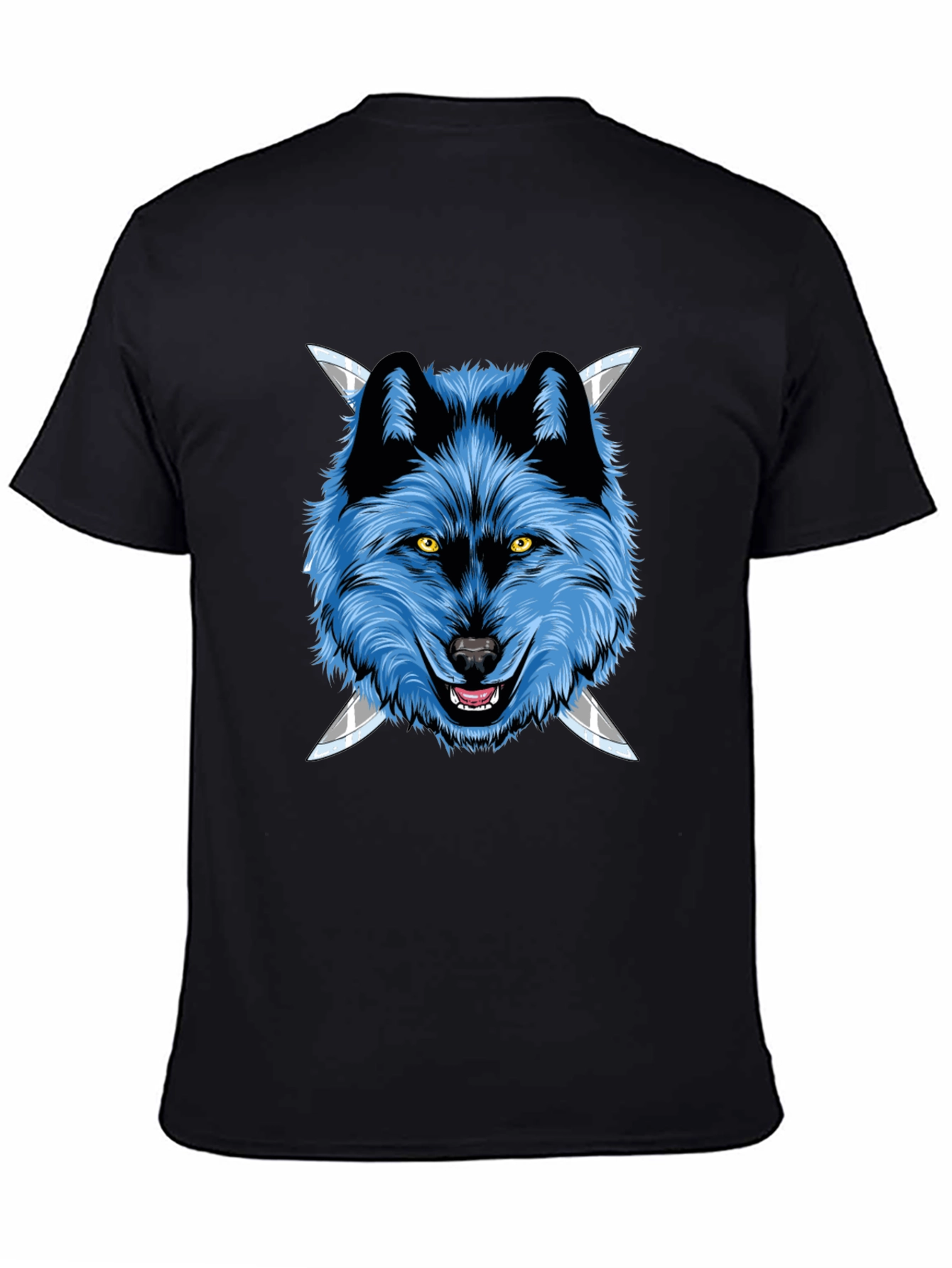 Black Wolf Graphic Tee: Fierce Blue Wolf with Knives view 4