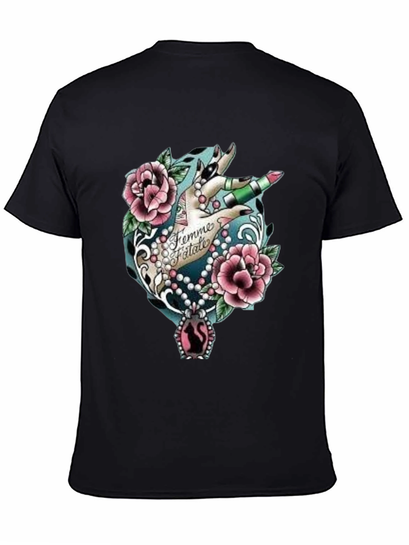 Black Femme Fatale Graphic T-Shirt - Roses & Lipstick Design view 4