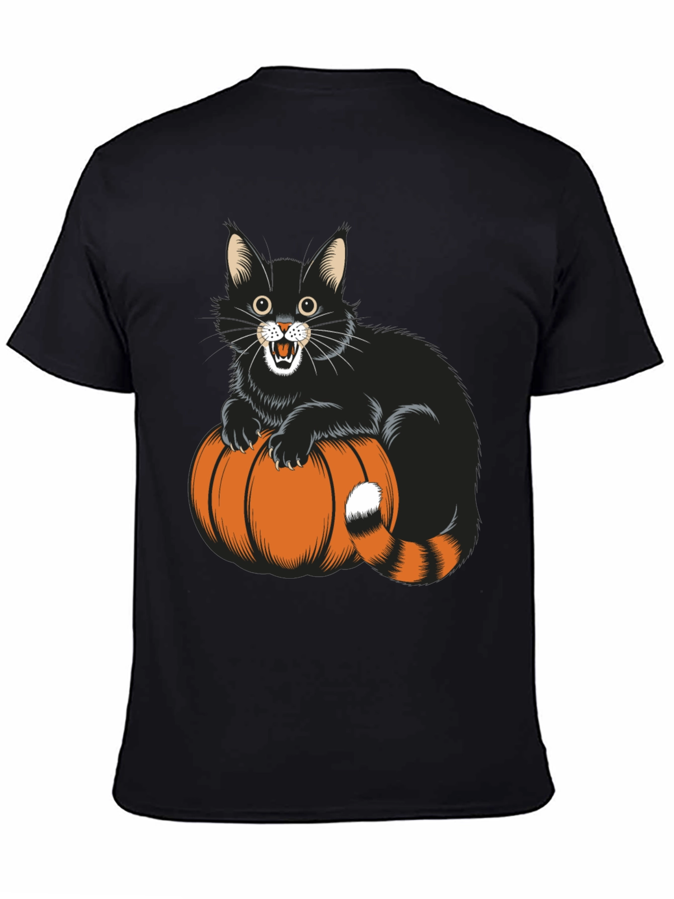 Black Halloween Cat & Pumpkin Black T-Shirt view 4