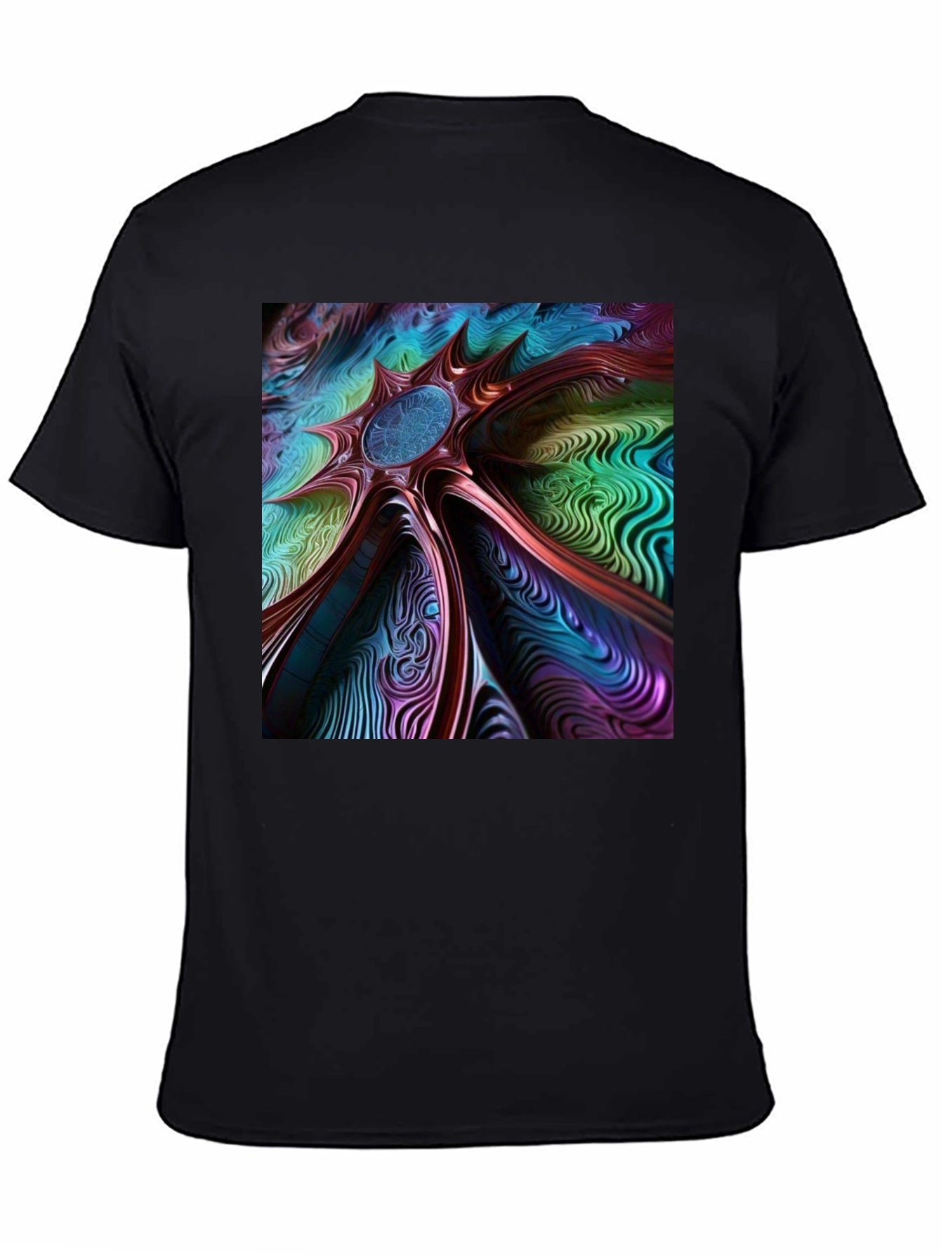 Black Abstract Art Tee: Colorful Vortex Design view 4