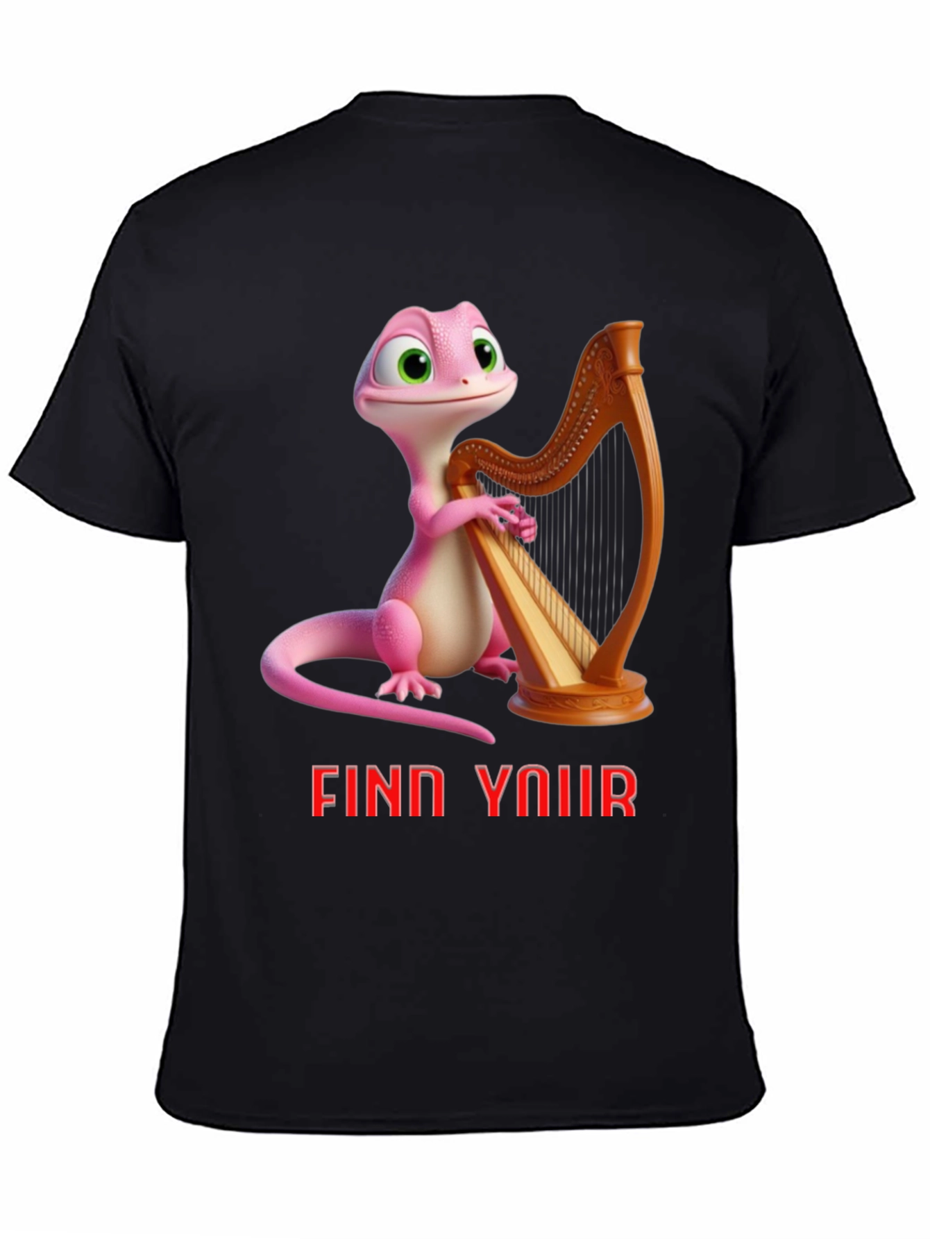 Black Whimsical Gecko Harpist Graphic Tee view 4