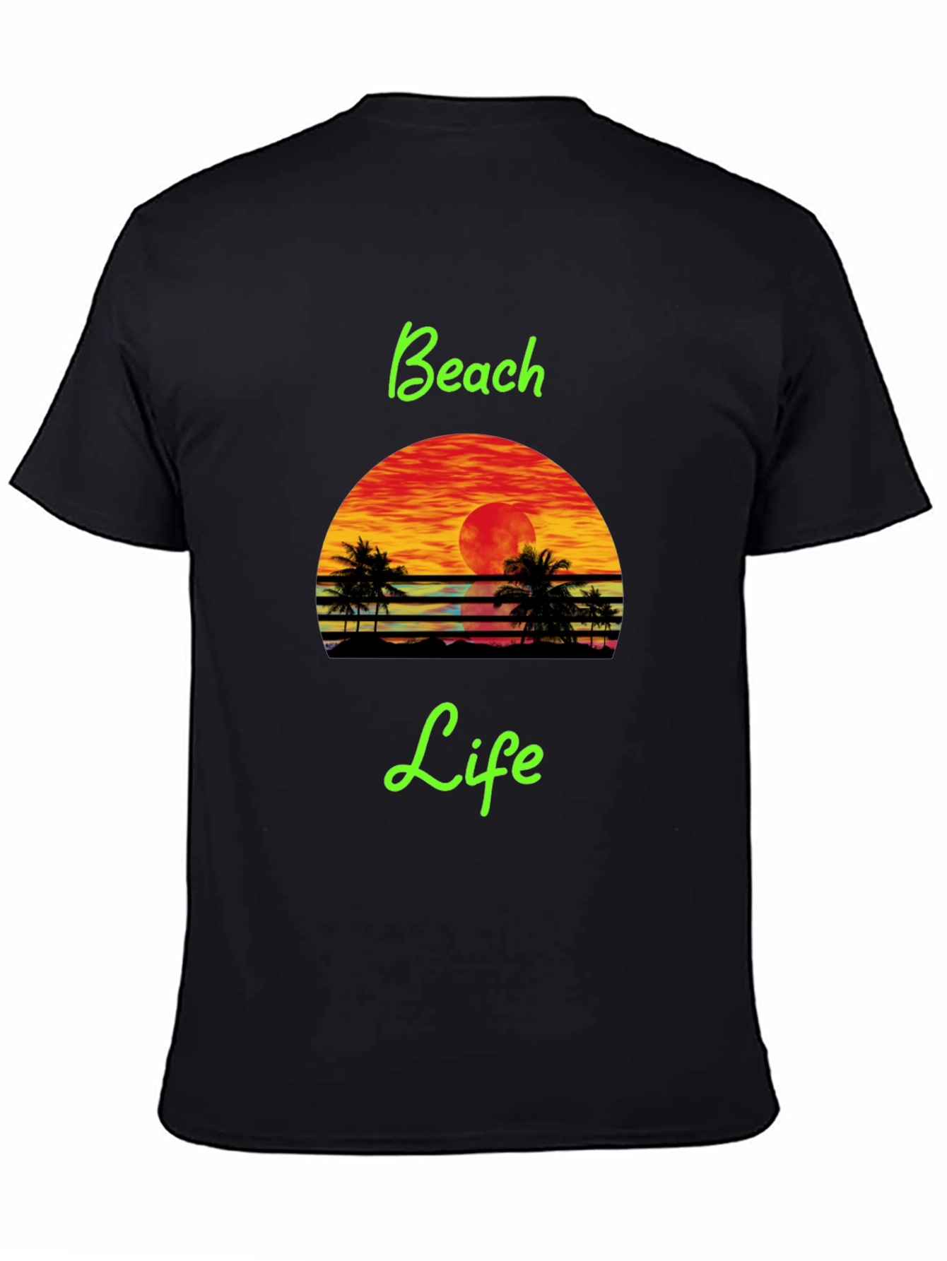 Black Beach Life Black T-Shirt Retro Sunset Palm Tree Design view 4