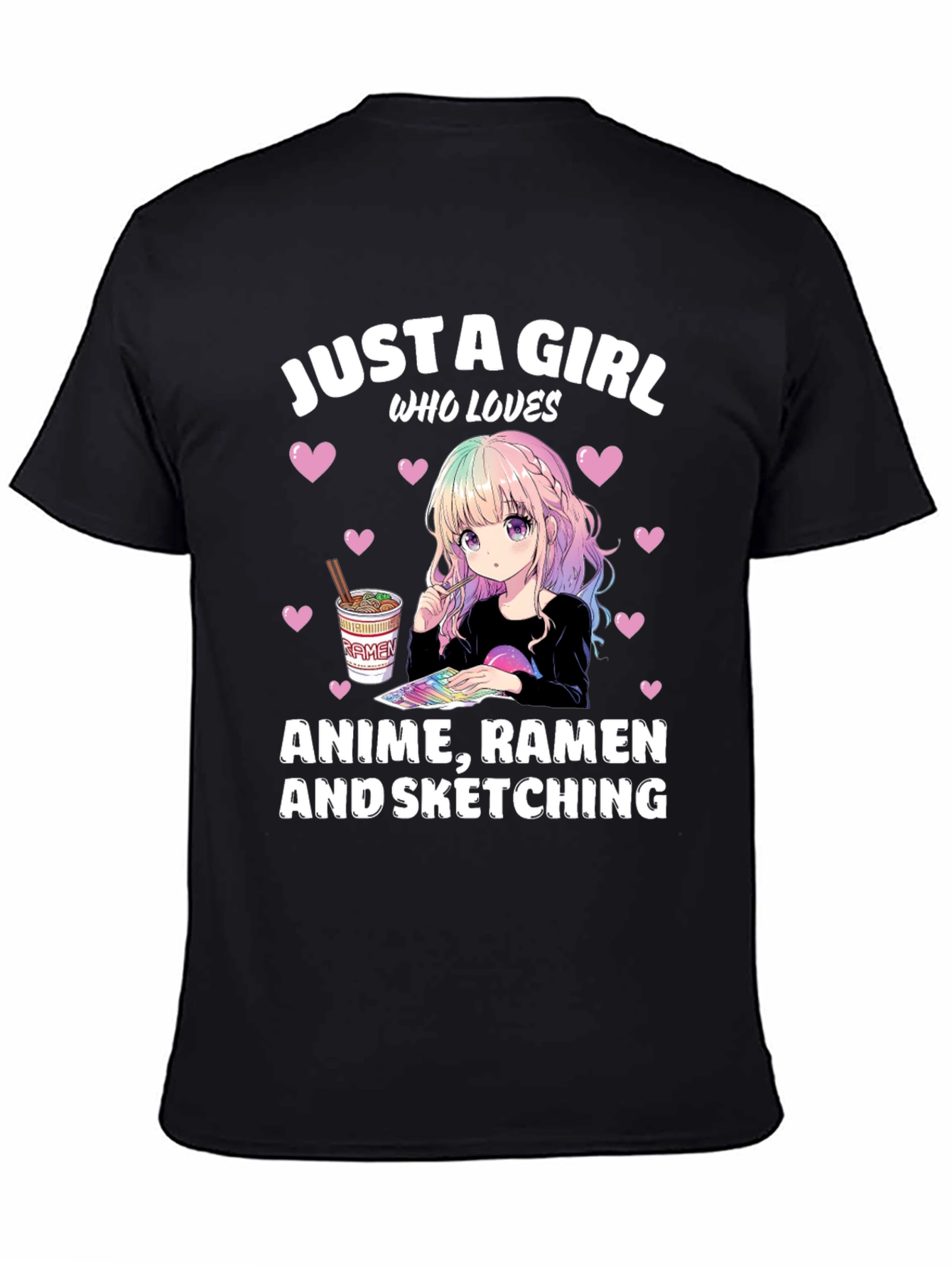 Black Anime Ramen Sketching Girl's T-Shirt view 4