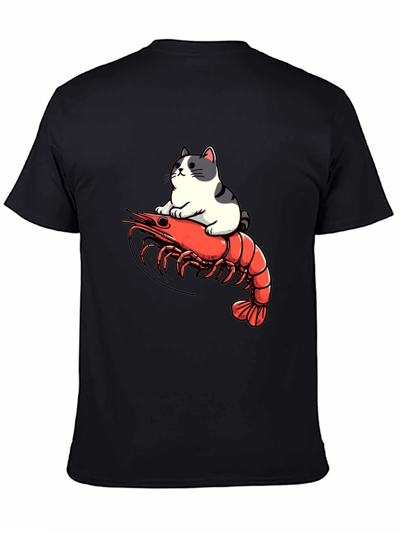 Black Cat Riding Shrimp T-Shirt - Funny Graphic Tee view 4