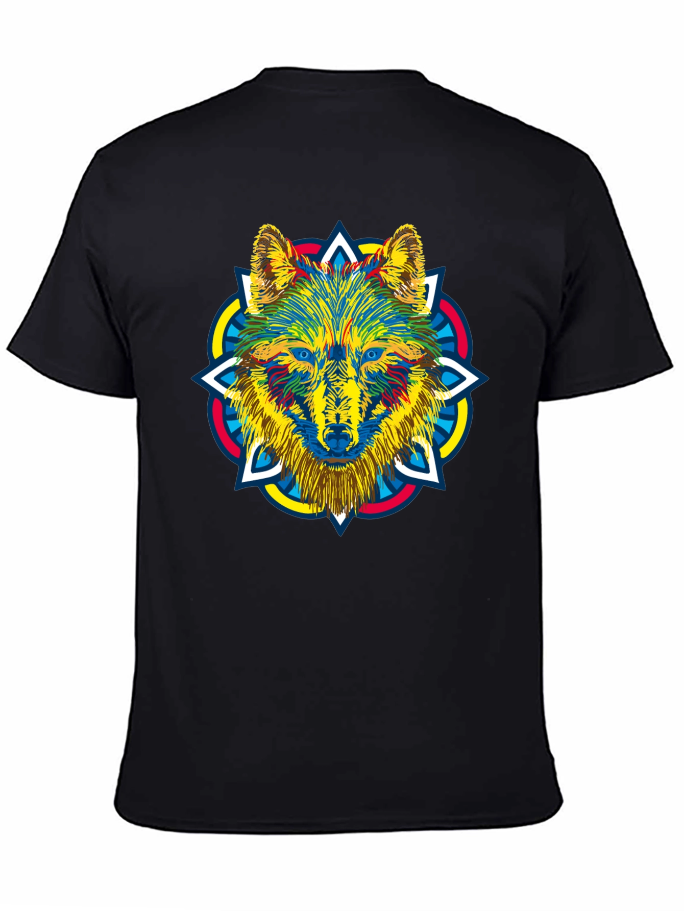 Black Wolf Mandala Graphic Print Men's Black T-Shirt view 4