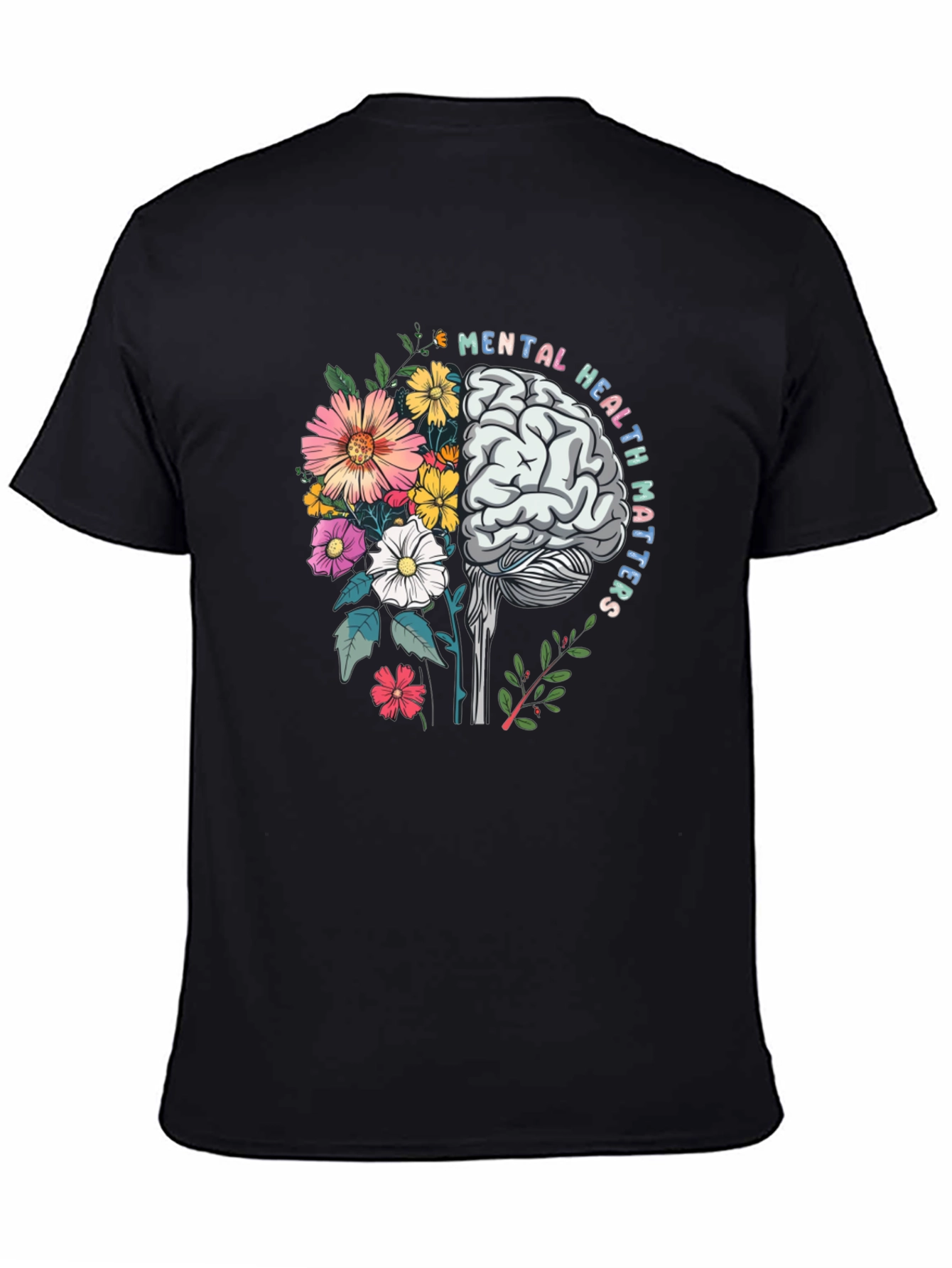 Black Mental Health Matters T-Shirt Brain Flowers Graphic view 4