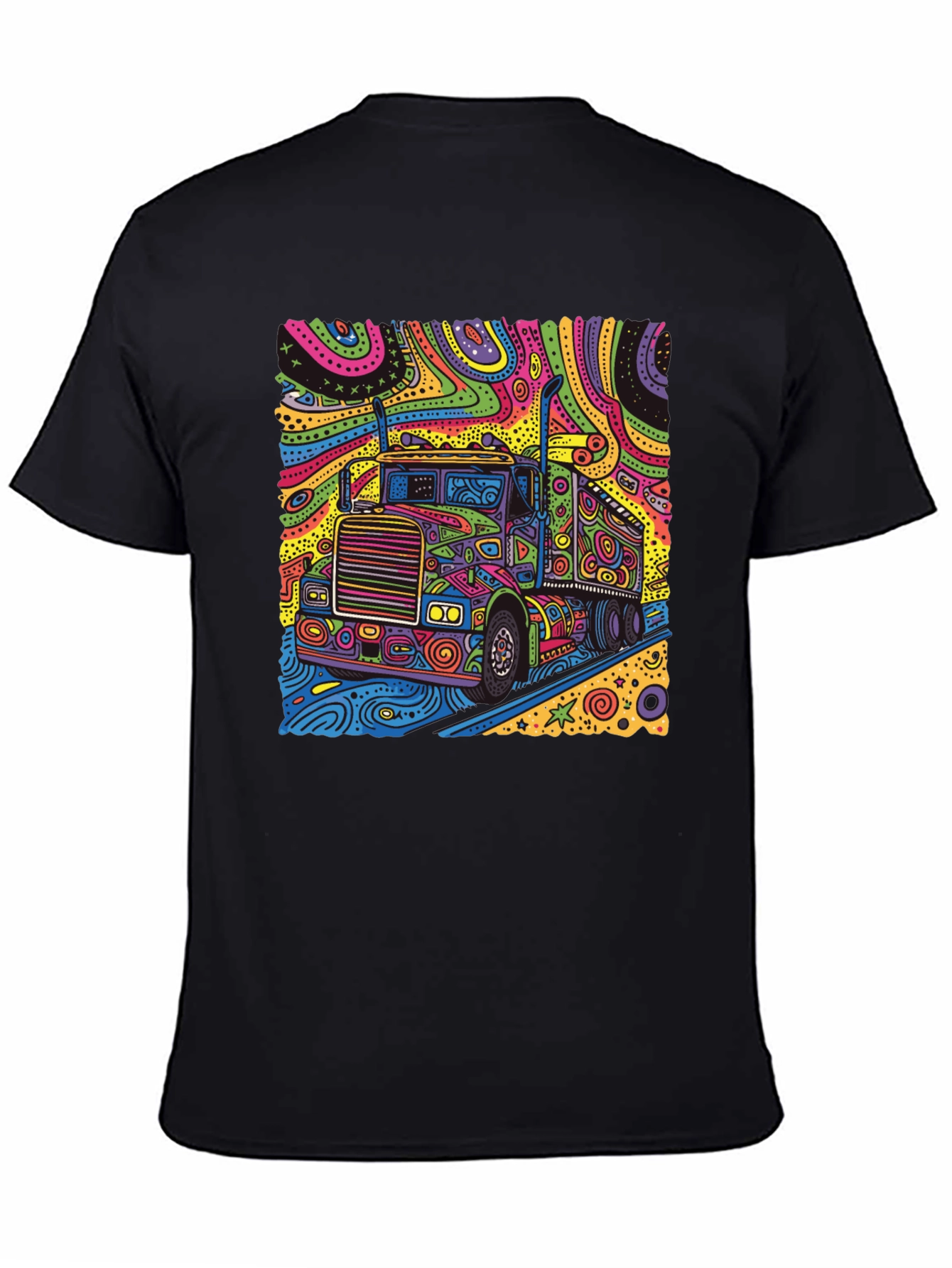 Black Psychedelic Truck T-Shirt - Colorful Semi Truck Design view 4