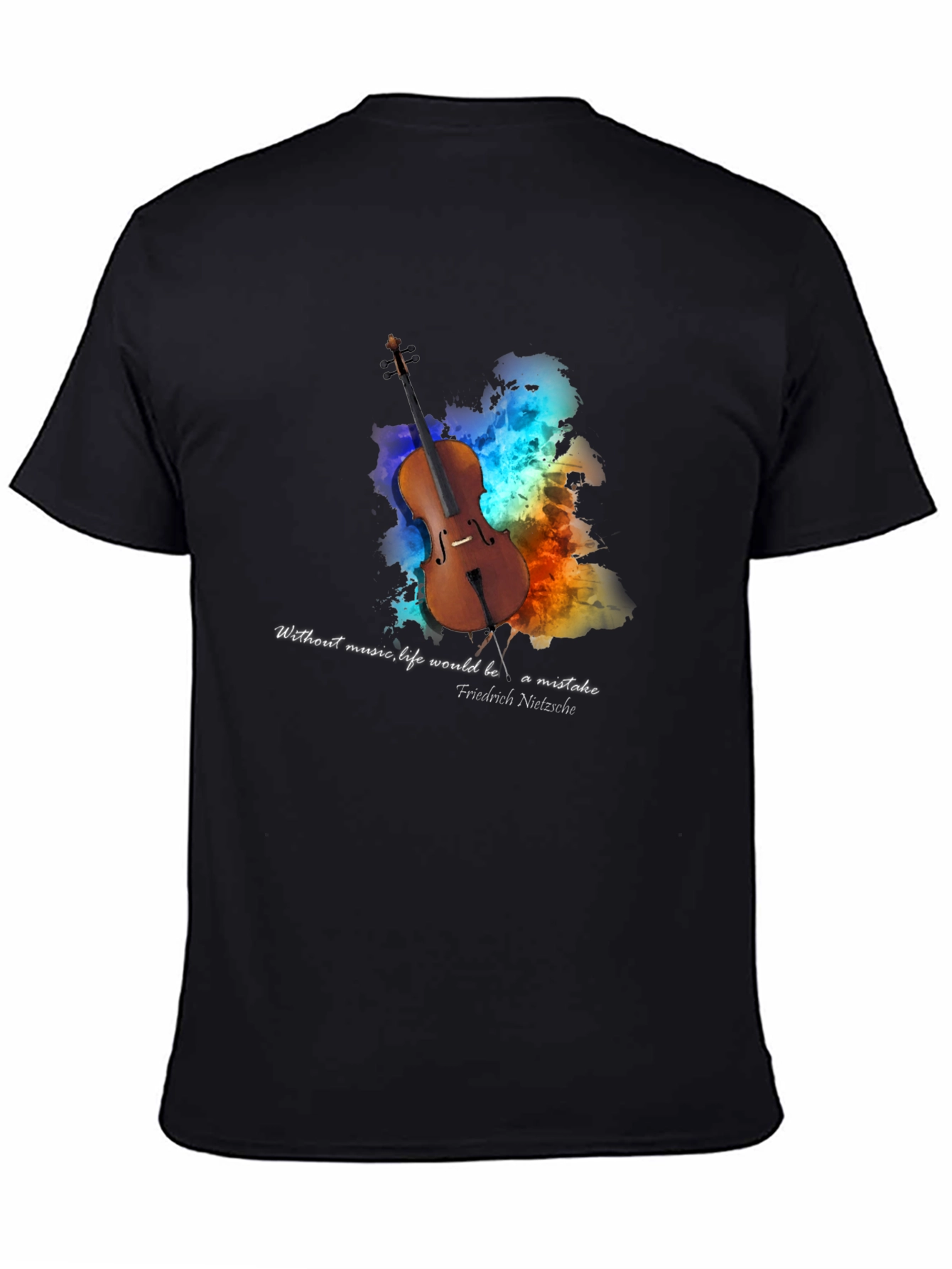 Black Music Lover's T-Shirt: Nietzsche Quote with Cello Design view 4