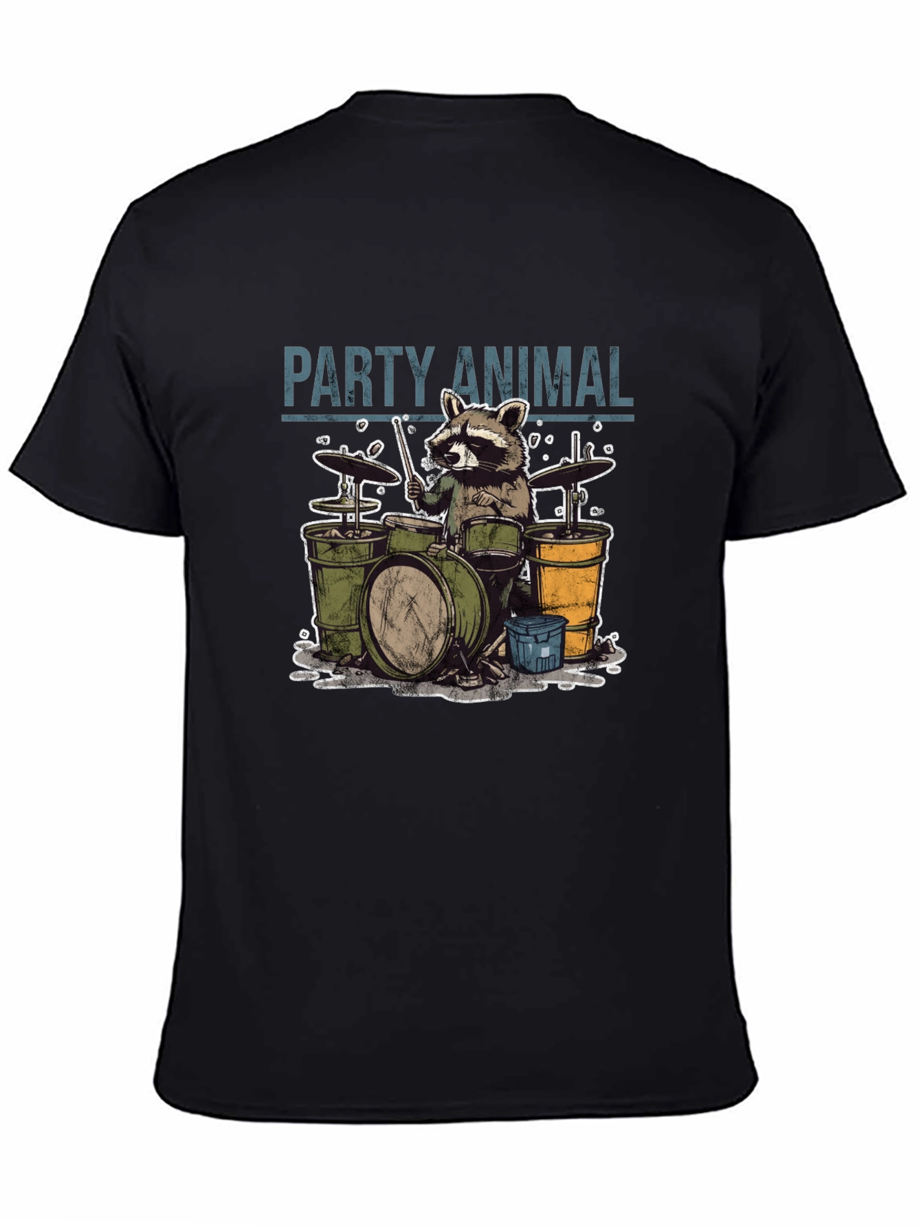 Black Party Animal Raccoon Drummer Graphic T-Shirt view 4