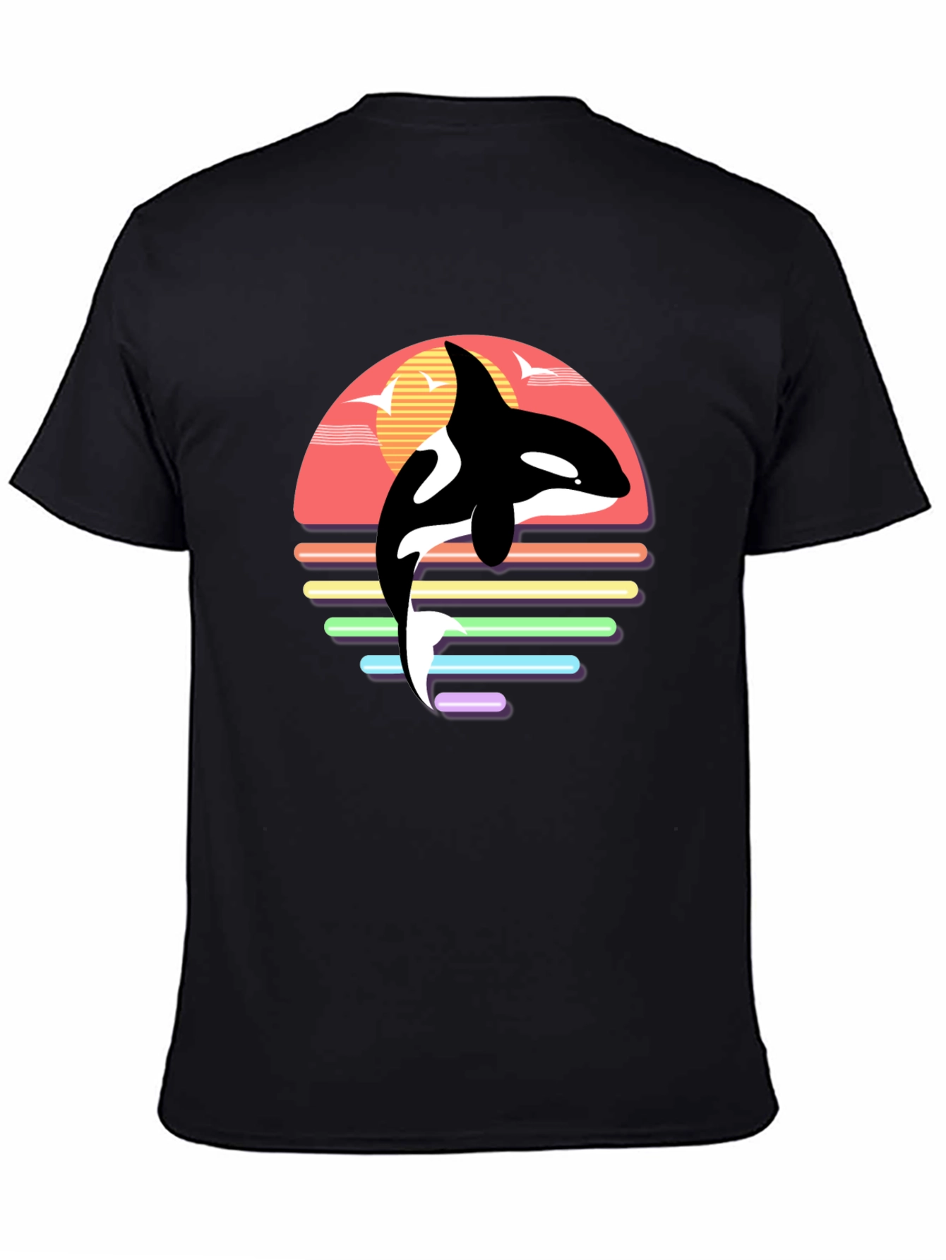 Black Retro Orca Whale Sunset Graphic T-Shirt view 4