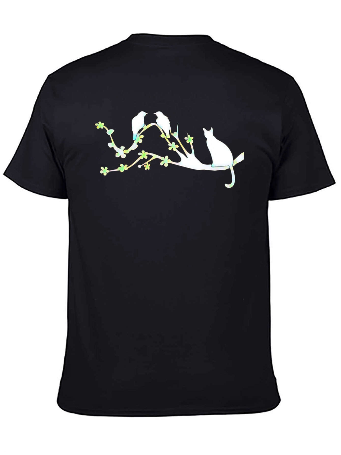 Black Birds, Cat, & Blossoms Black Graphic Tee view 4