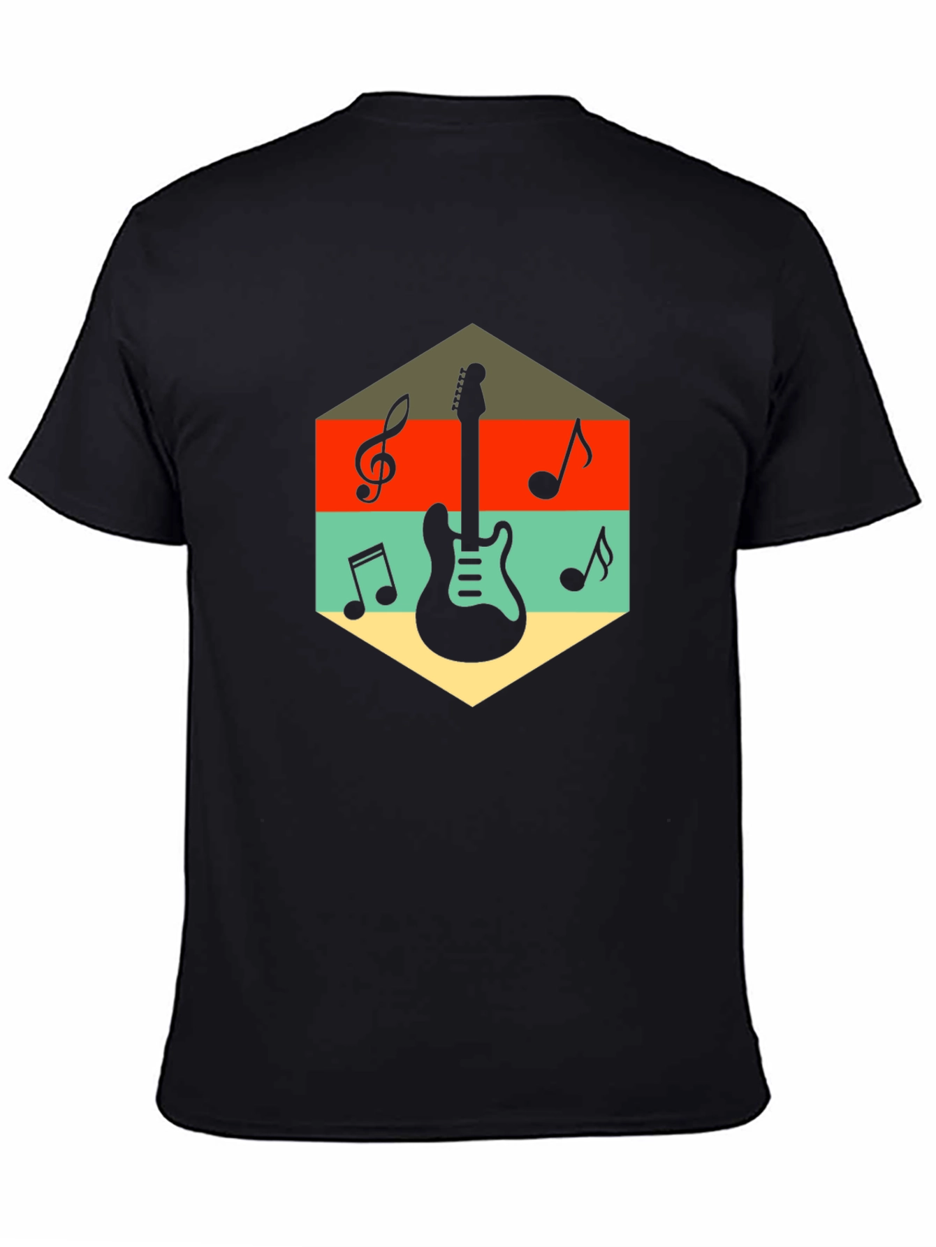 Black Retro Guitar & Music Note Graphic T-Shirt view 4
