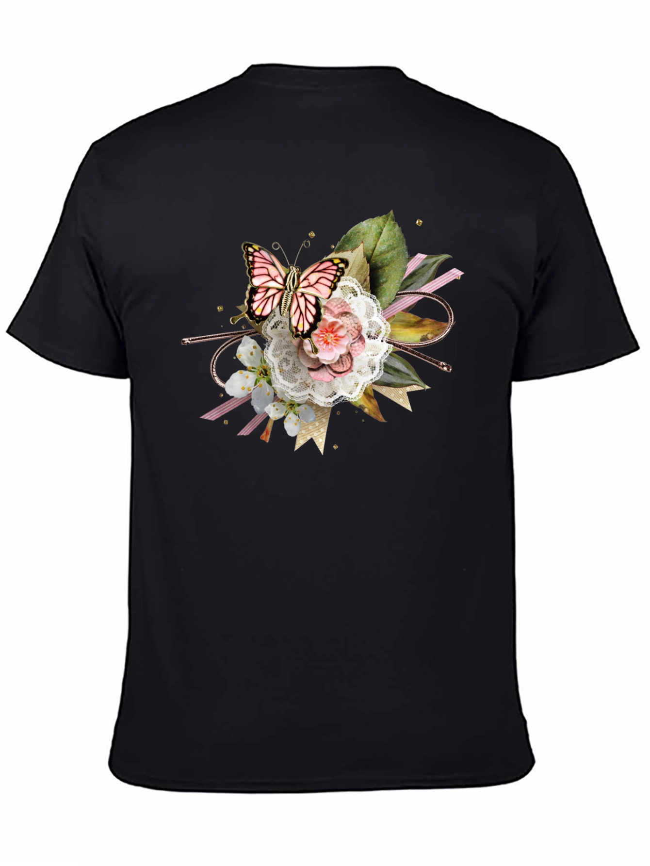 Black Butterfly Floral Graphic Tee - Black Cotton Blend view 4