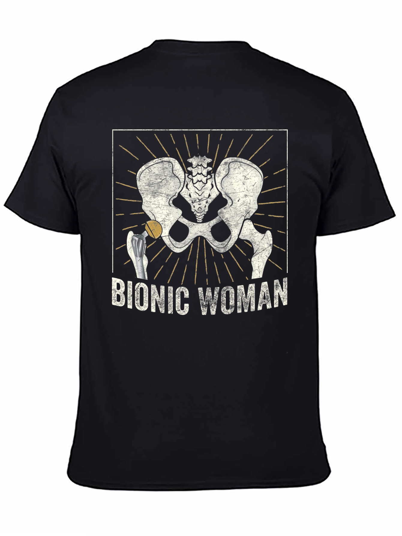 Black Bionic Woman Hip Replacement Graphic Tee view 4