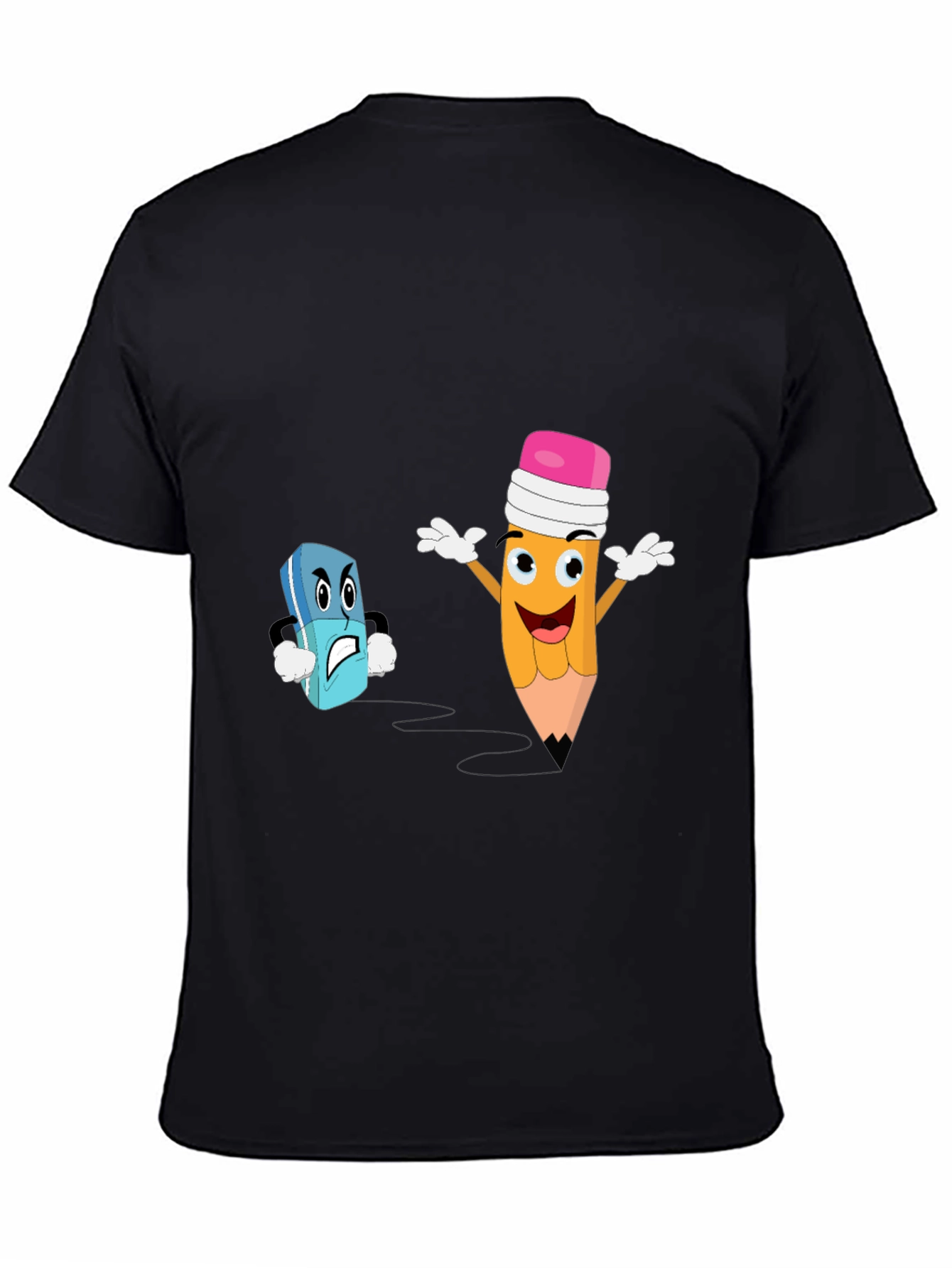 Black Funny Pencil vs Eraser Cartoon Black T-Shirt view 4