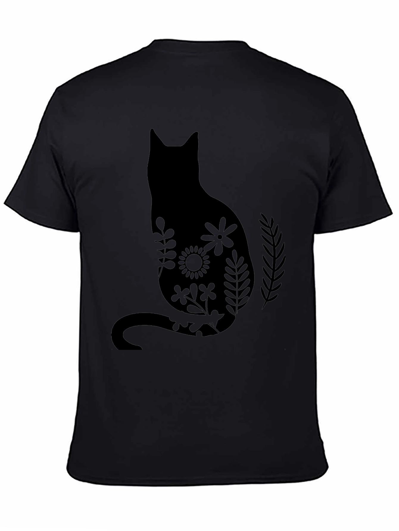 Black Floral Cat Silhouette Black T-Shirt view 4