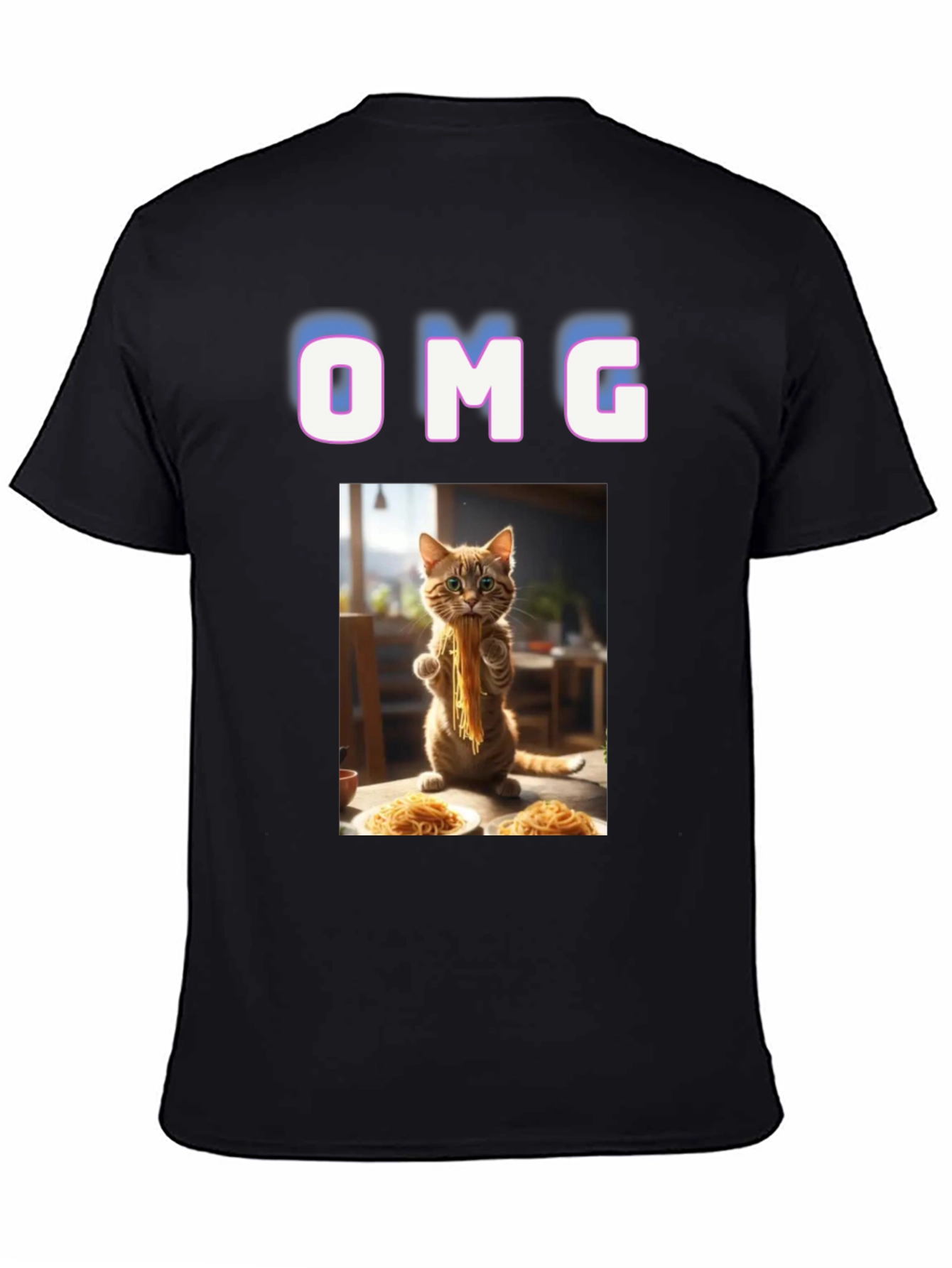 Black OMG Cat Eating Spaghetti Graphic T-Shirt view 4