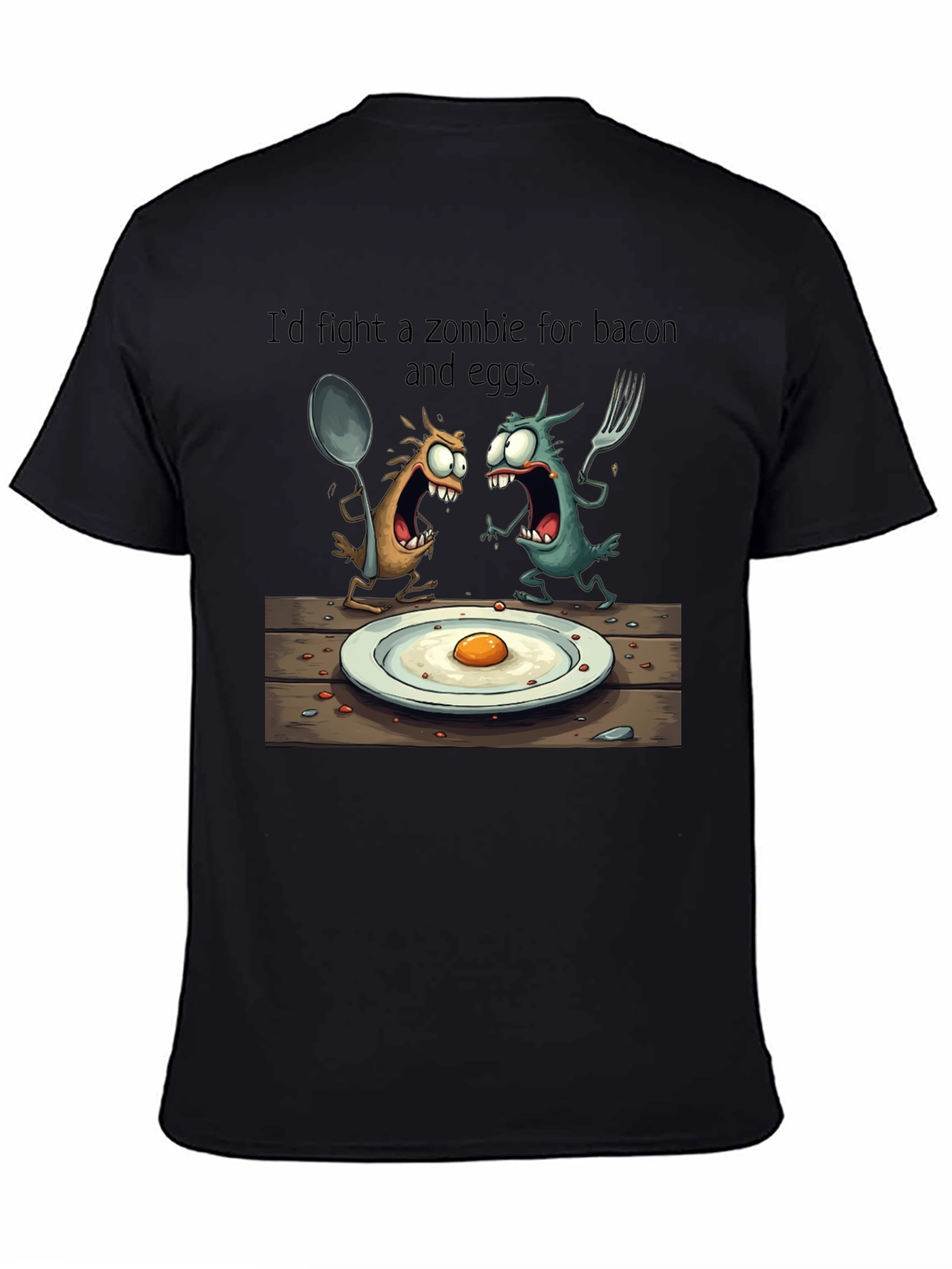 Black Zombie Bacon & Eggs T-Shirt: Funny Cartoon Foodie Tee view 4