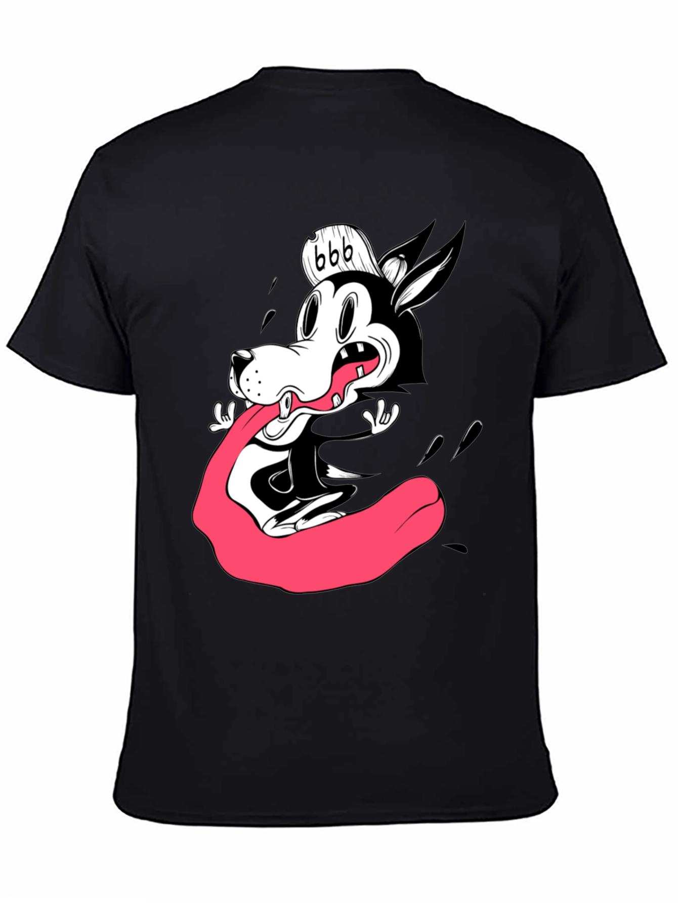 Black Cartoon Wolf Graphic Tee - Black Cotton T-Shirt view 4