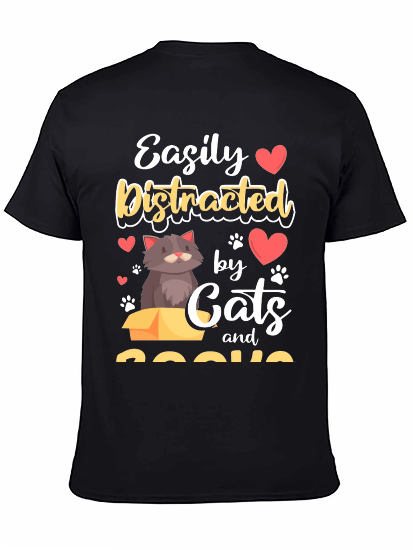 Black Easily Distracted by Cats and Books T-Shirt view 4