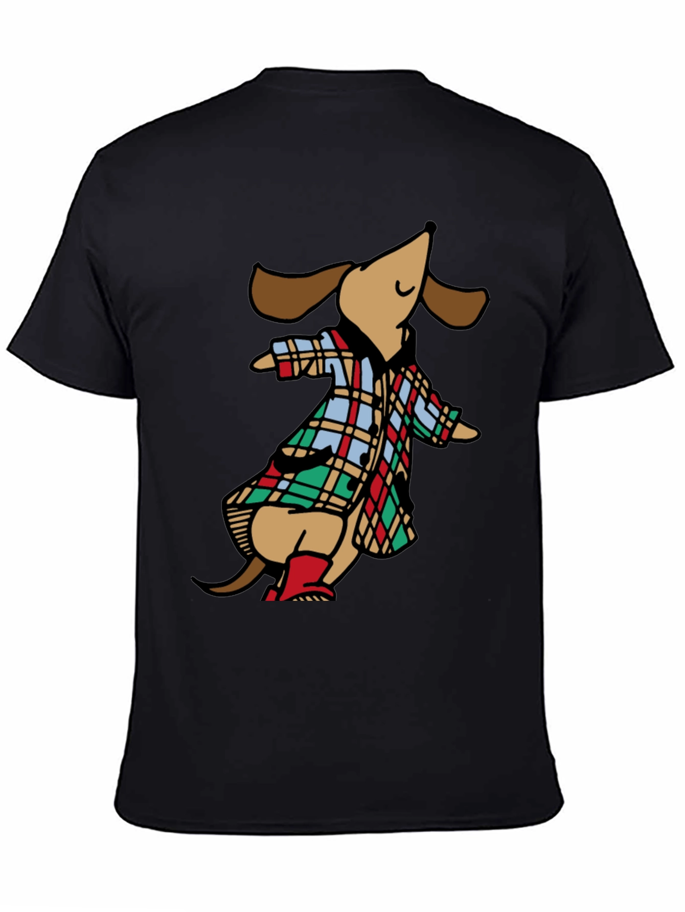Black Dachshund in Plaid Raincoat T-Shirt view 4