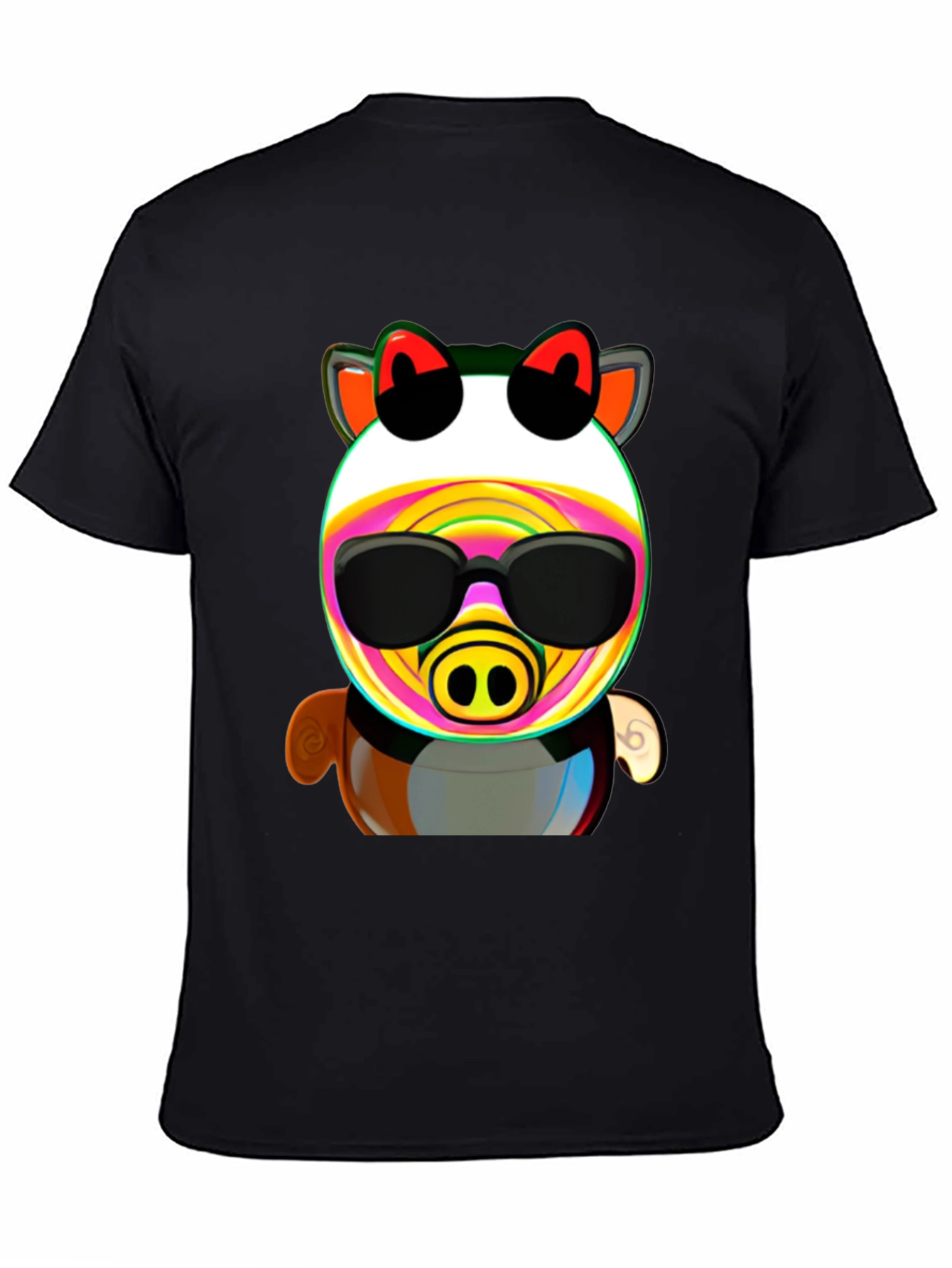 Black Cartoon Pig in Sunglasses Graphic Tee - Black view 4