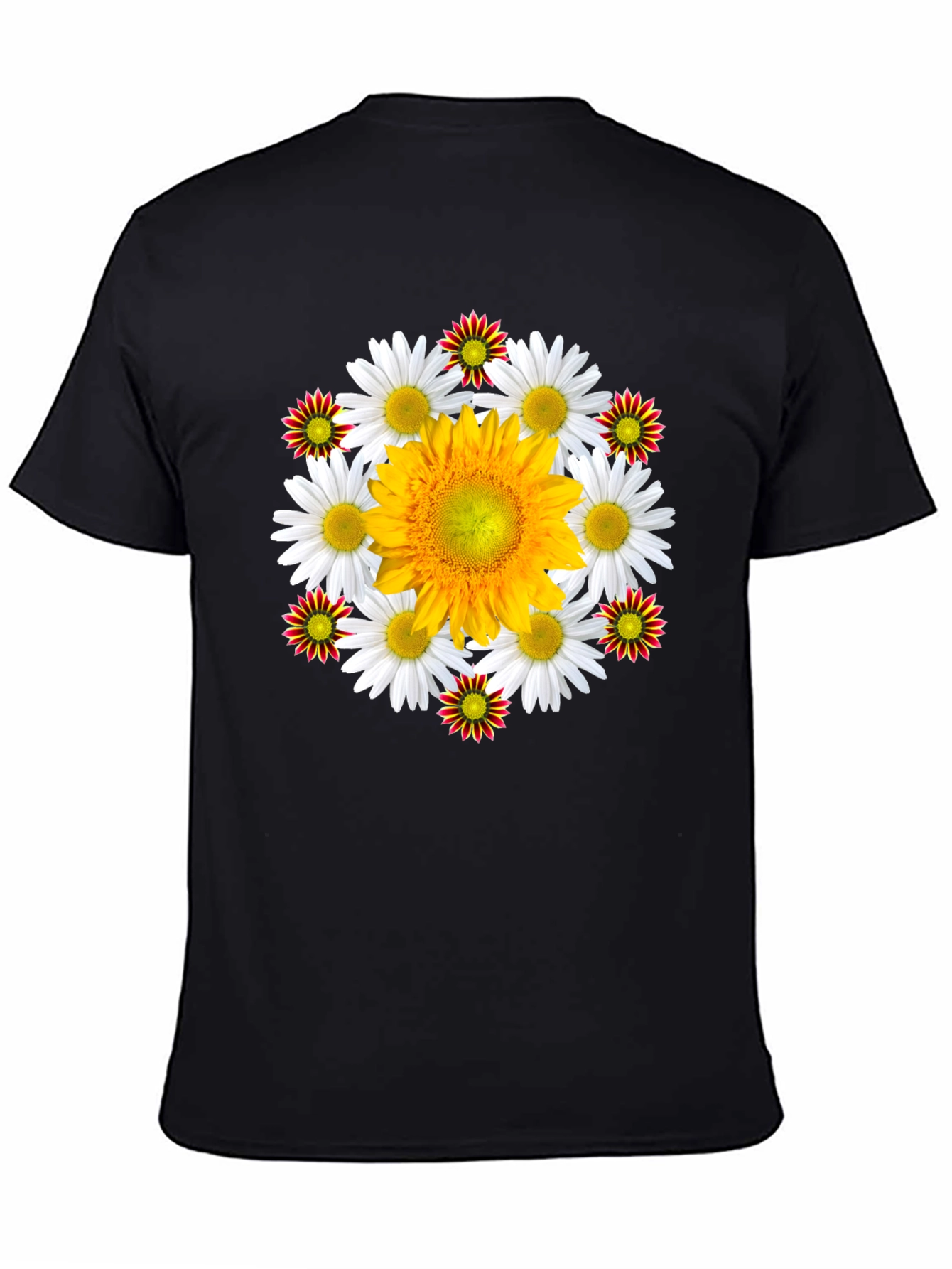 Black Floral T-Shirt: Sunflower & Daisy Design view 4