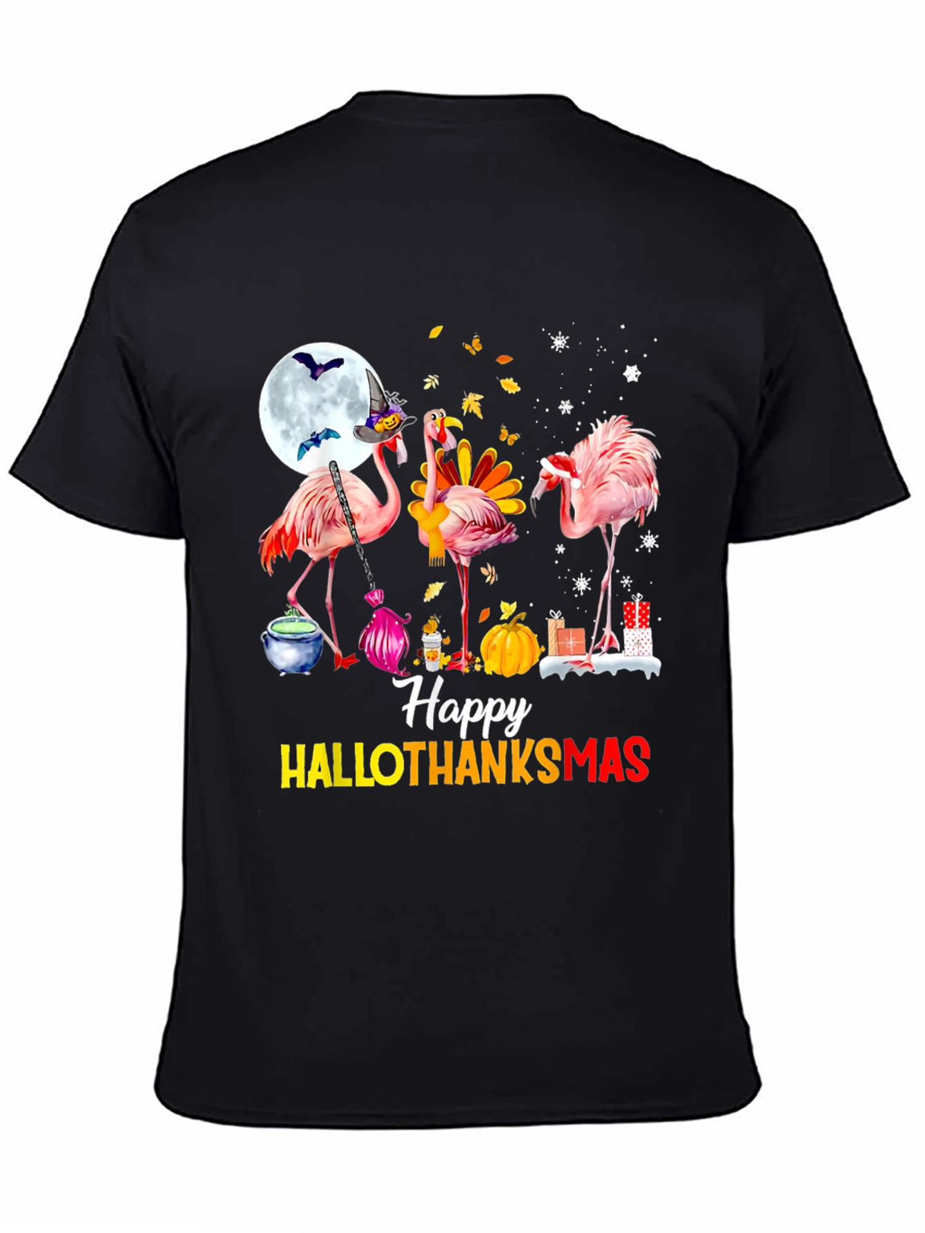 Black Happy HALLOTHANKS Christmas Flamingo T-Shirt view 4