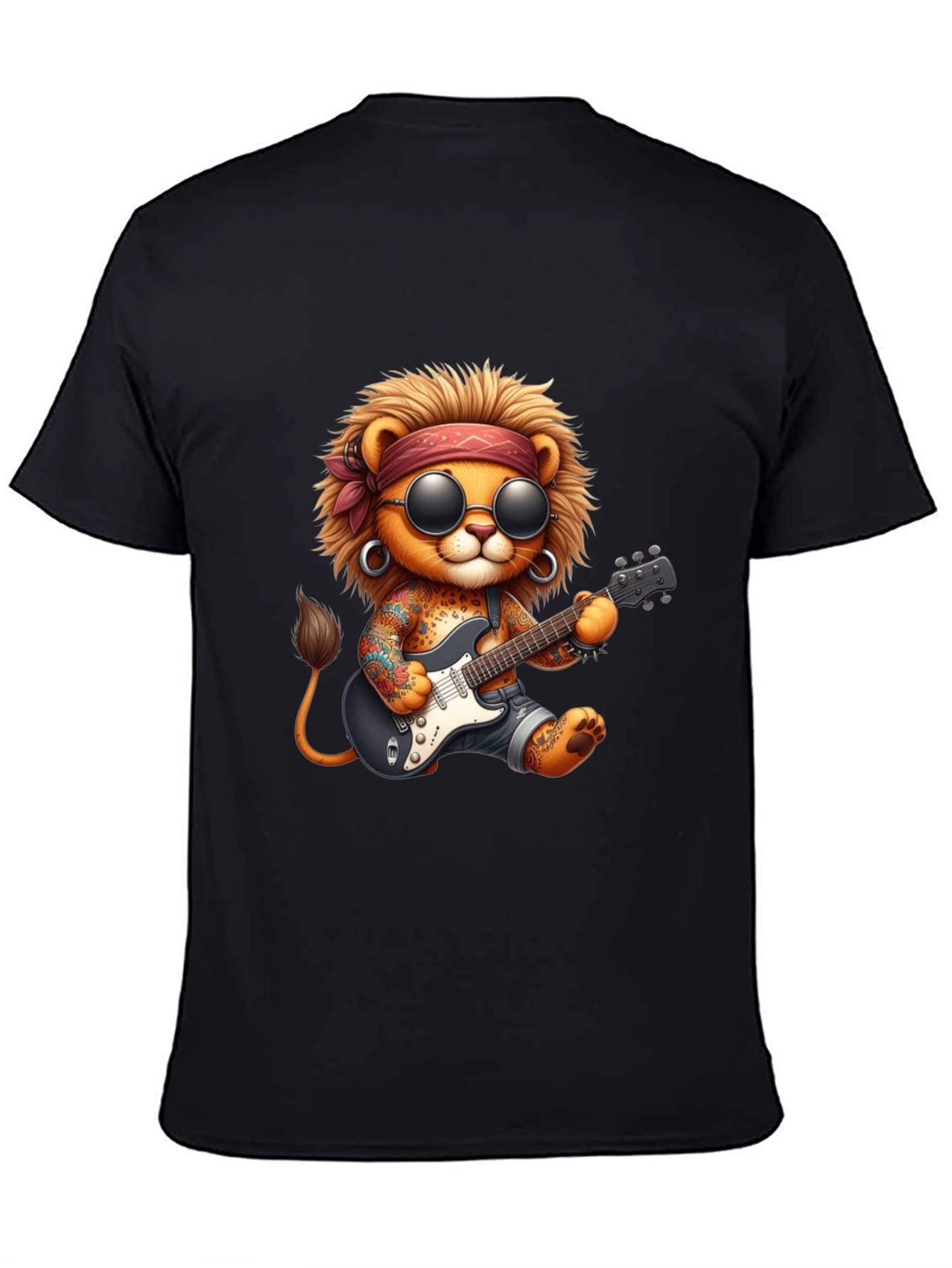 Black Cool Lion Guitarist Graphic Tee view 4