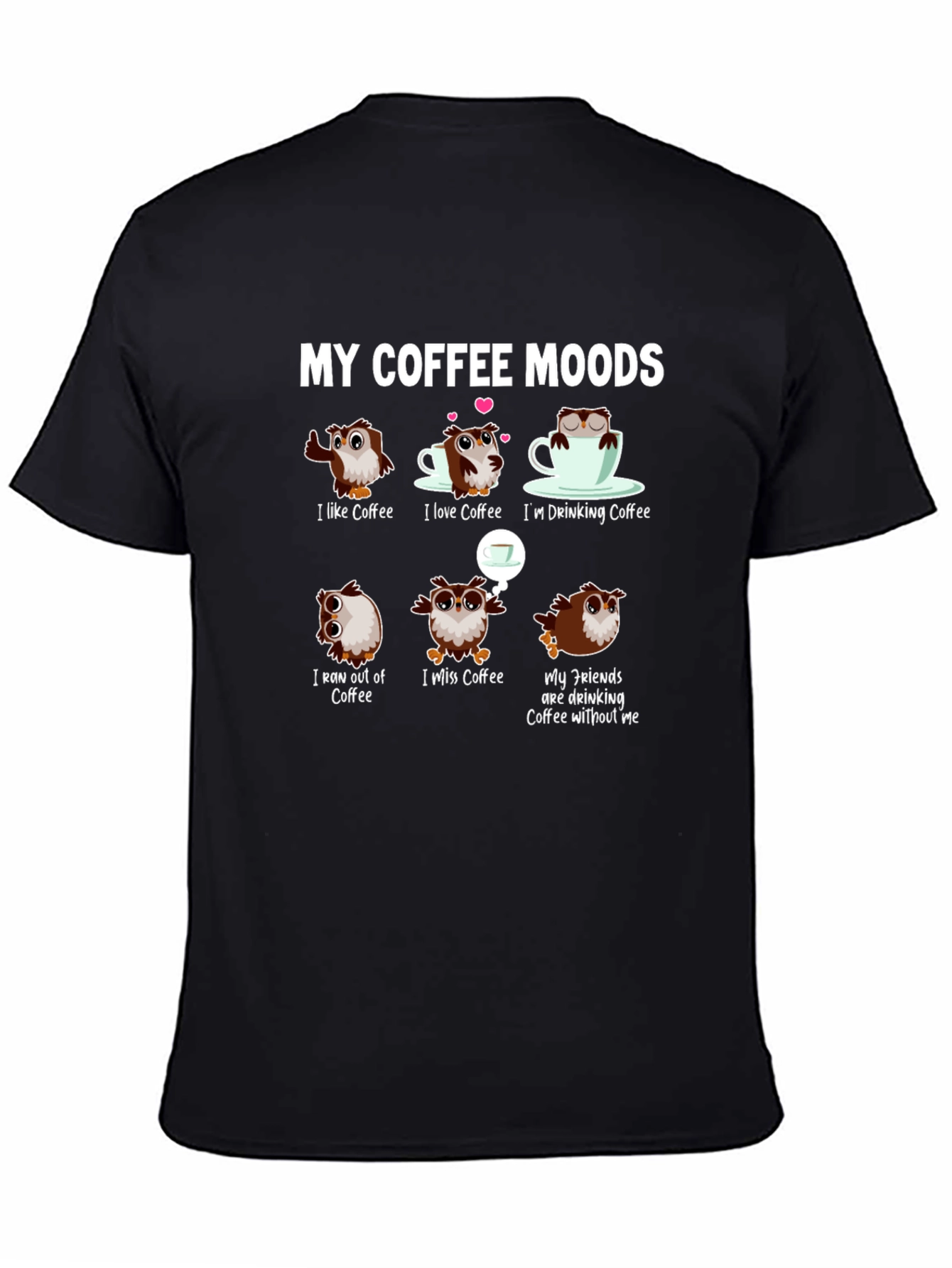 Black Coffee Moods Owl Graphic Tee - Funny Coffee Lover Shirt view 4