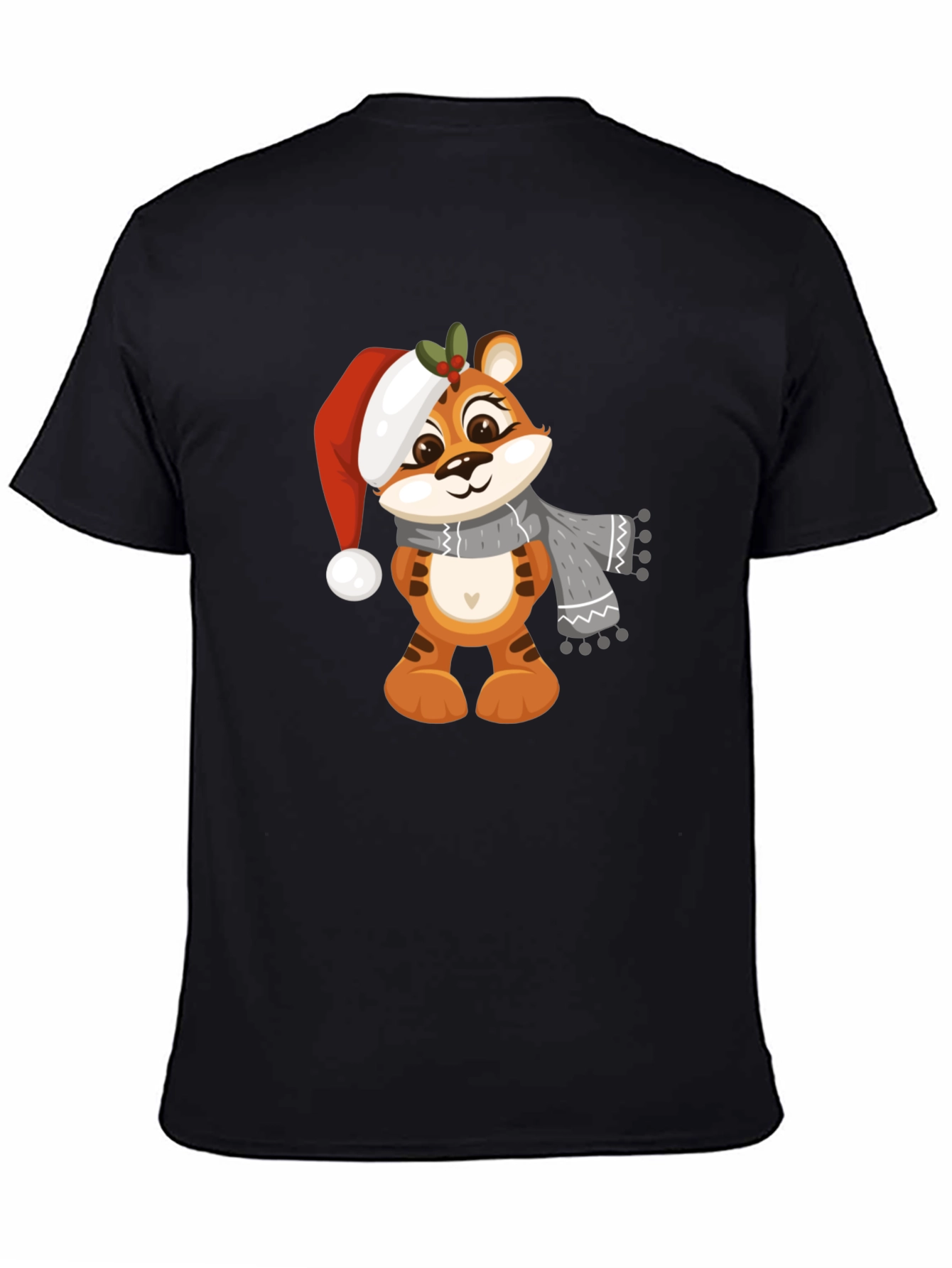Black Cute Cartoon Tiger Christmas T-Shirt view 4