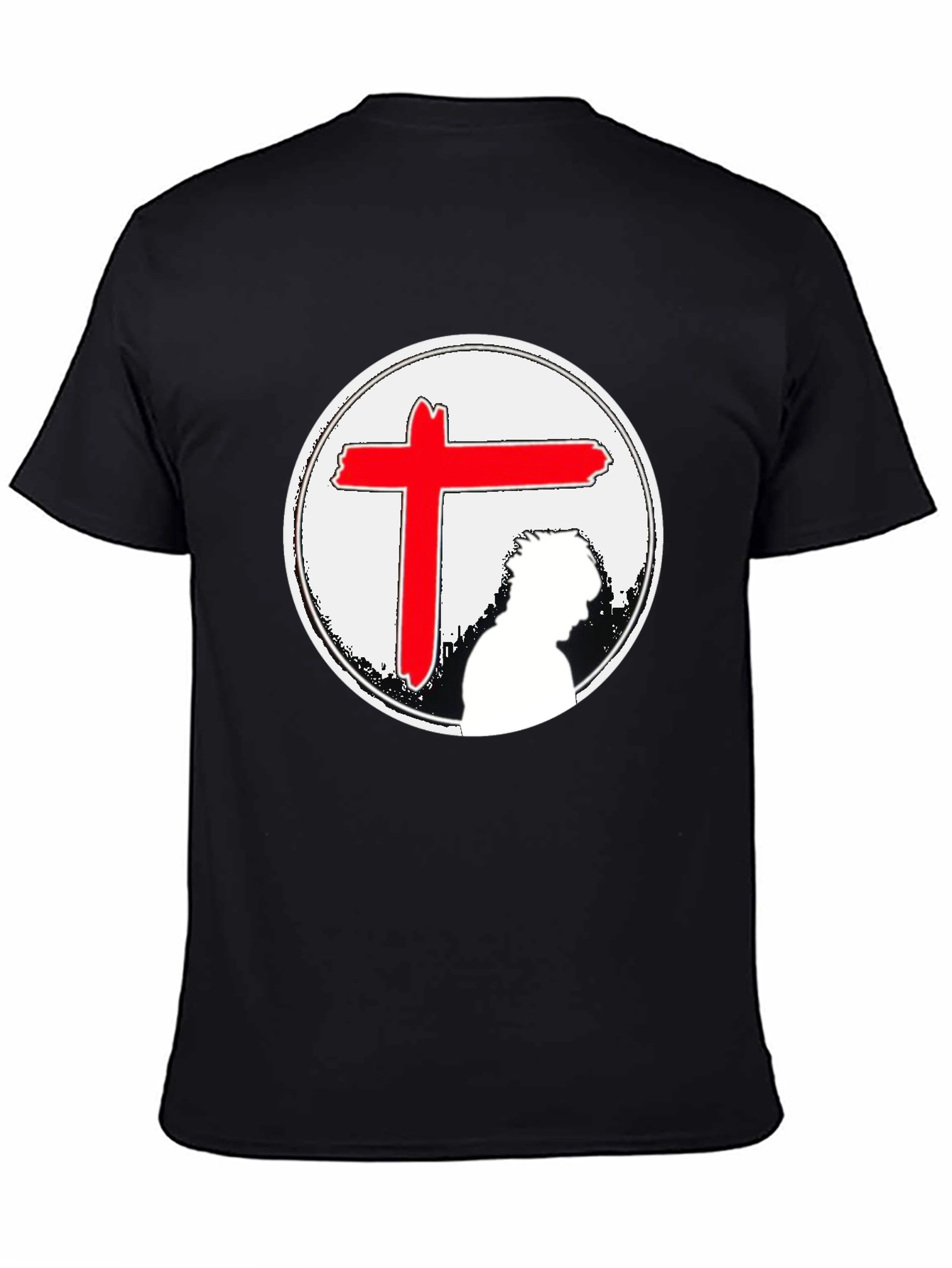 Black Graphic Tee with Red Cross & Figure view 4