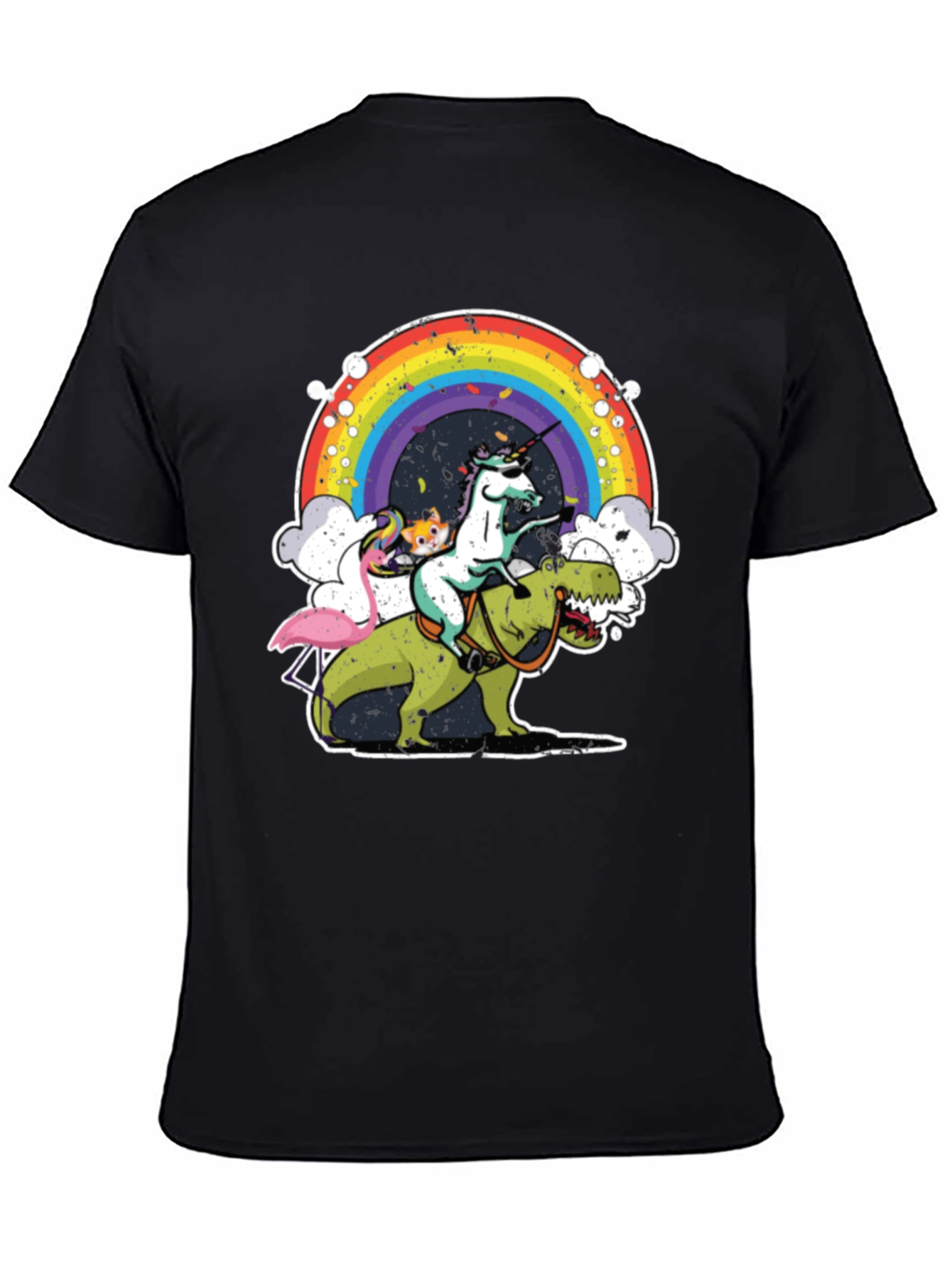 Black Unicorn Riding Dino T-Shirt Rainbow Funny Novelty Tee view 4