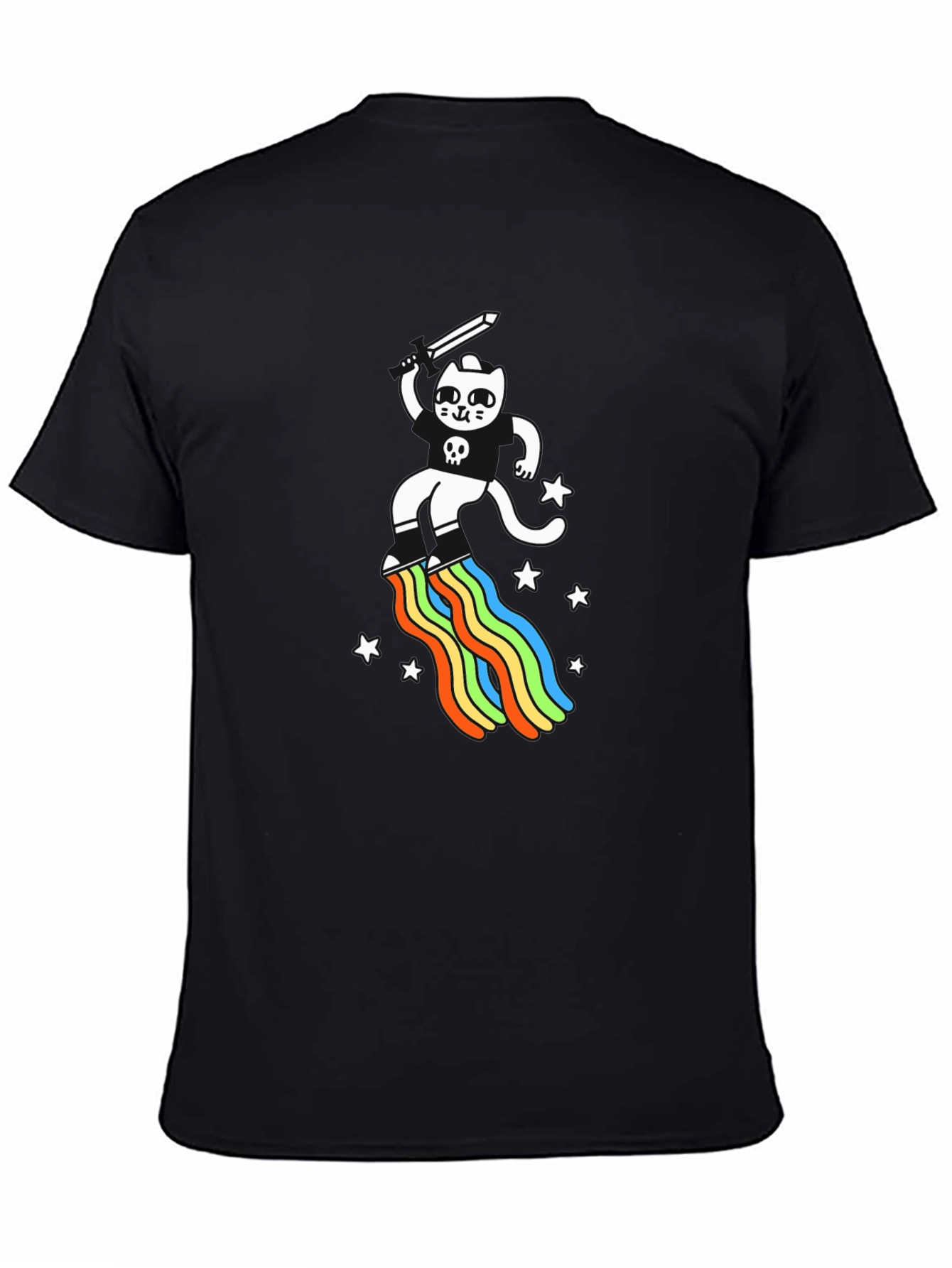 Black Cat Sword Rainbow Black T-Shirt view 4