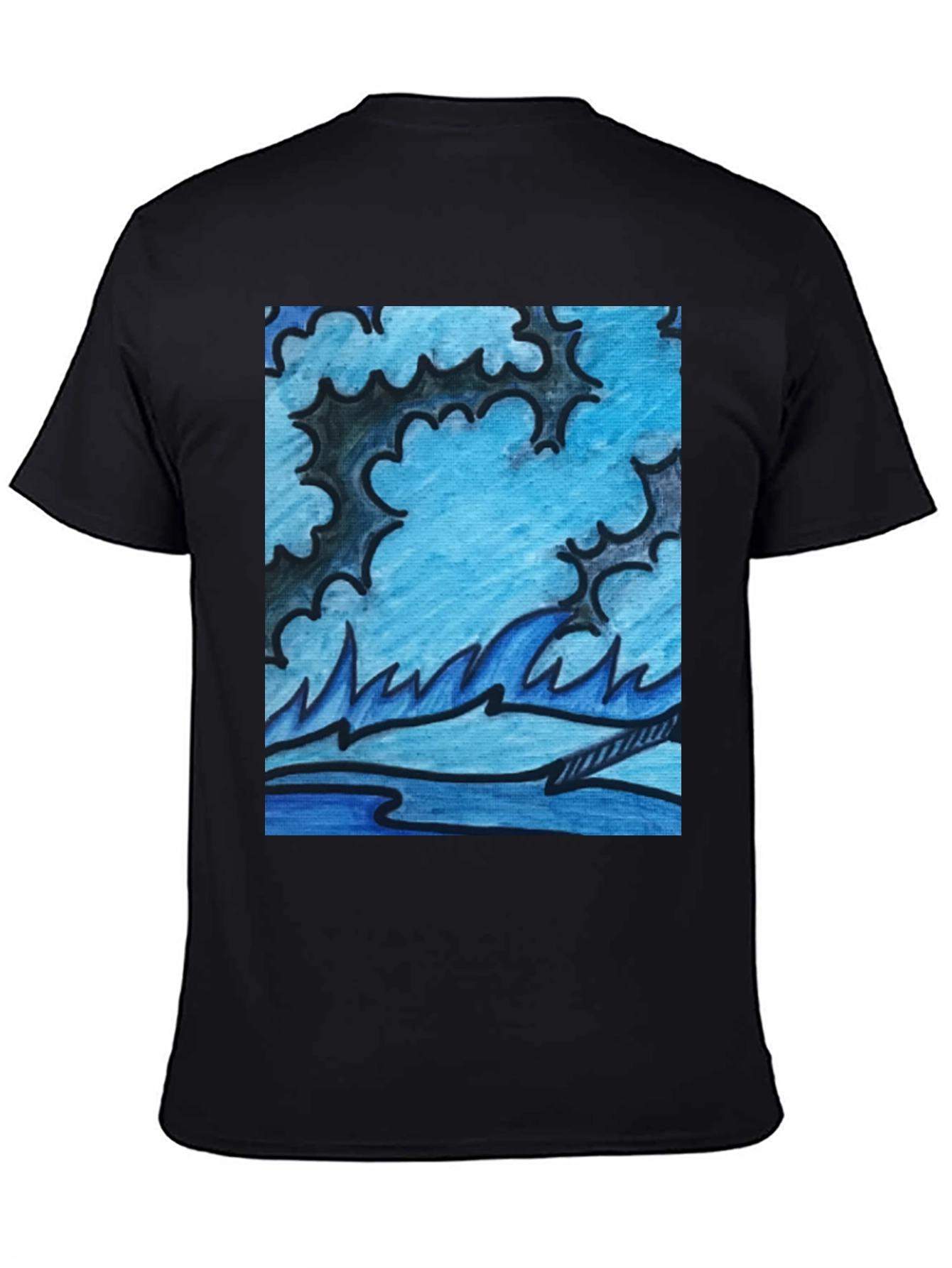 Black Abstract Blue Wave Graphic Black T-Shirt view 4