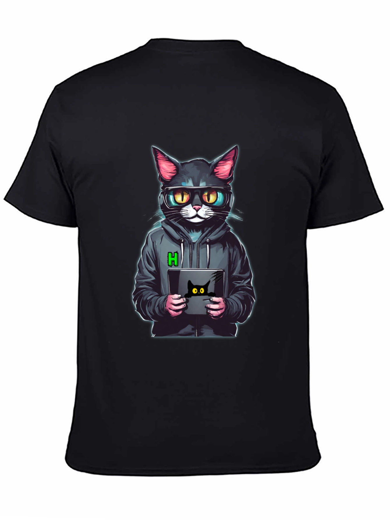 Black Hacker Cat T-Shirt - Cool & Unique Design view 4