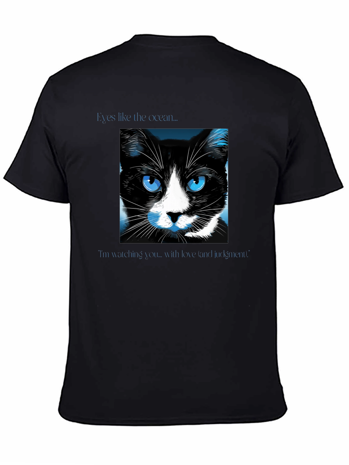 Black Ocean Eyes Cat Graphic Tee - Soft Black Shirt view 4