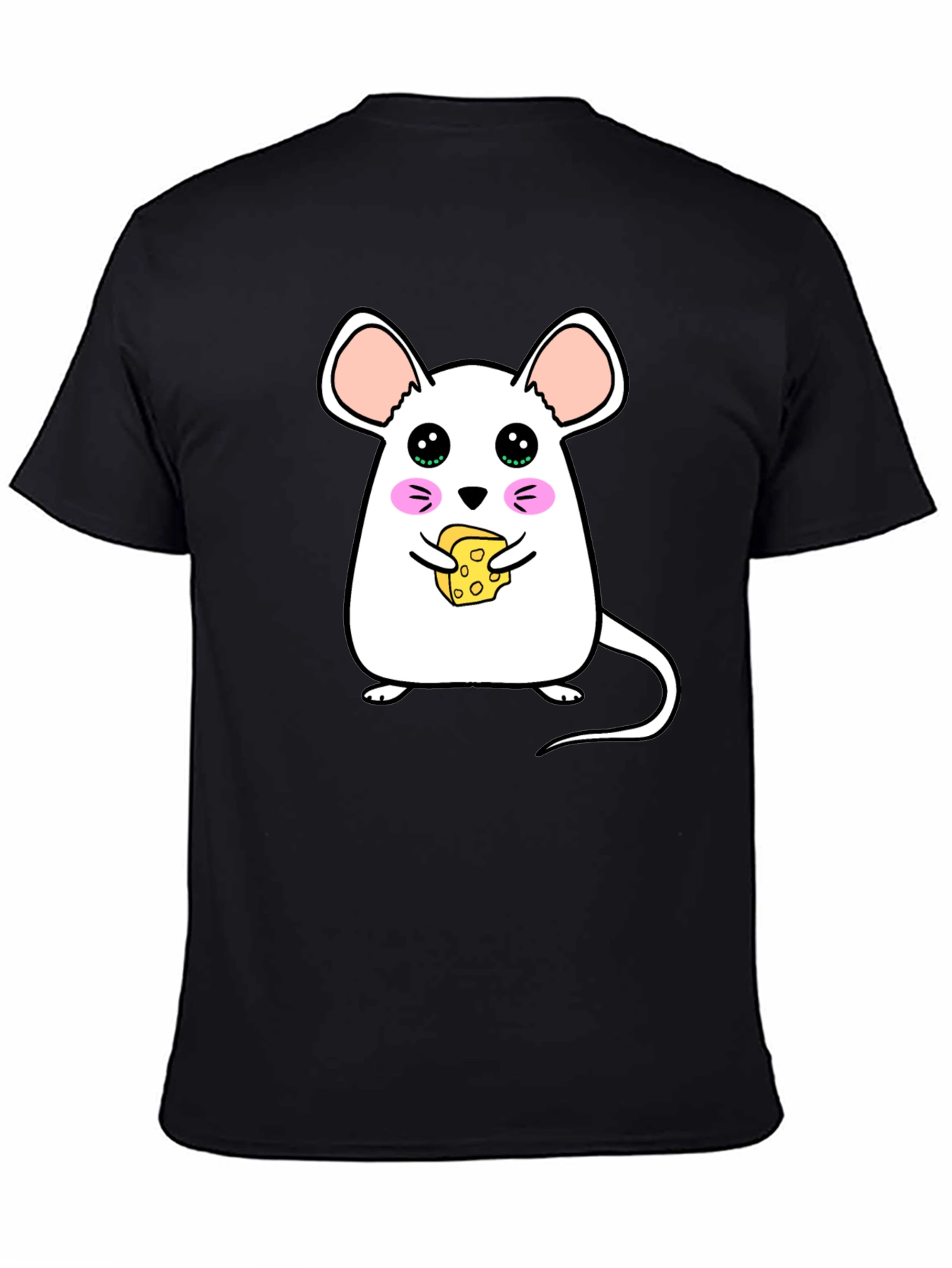 Black Cute Cartoon Mouse Eating Cheese Graphic T-Shirt view 4