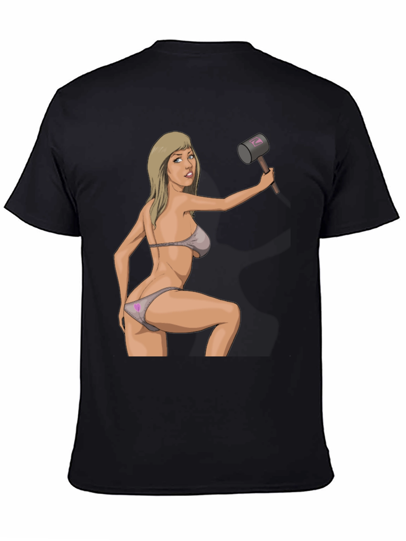 Black Humorous Graphic Tee - Sexy Woman with Hammer view 4
