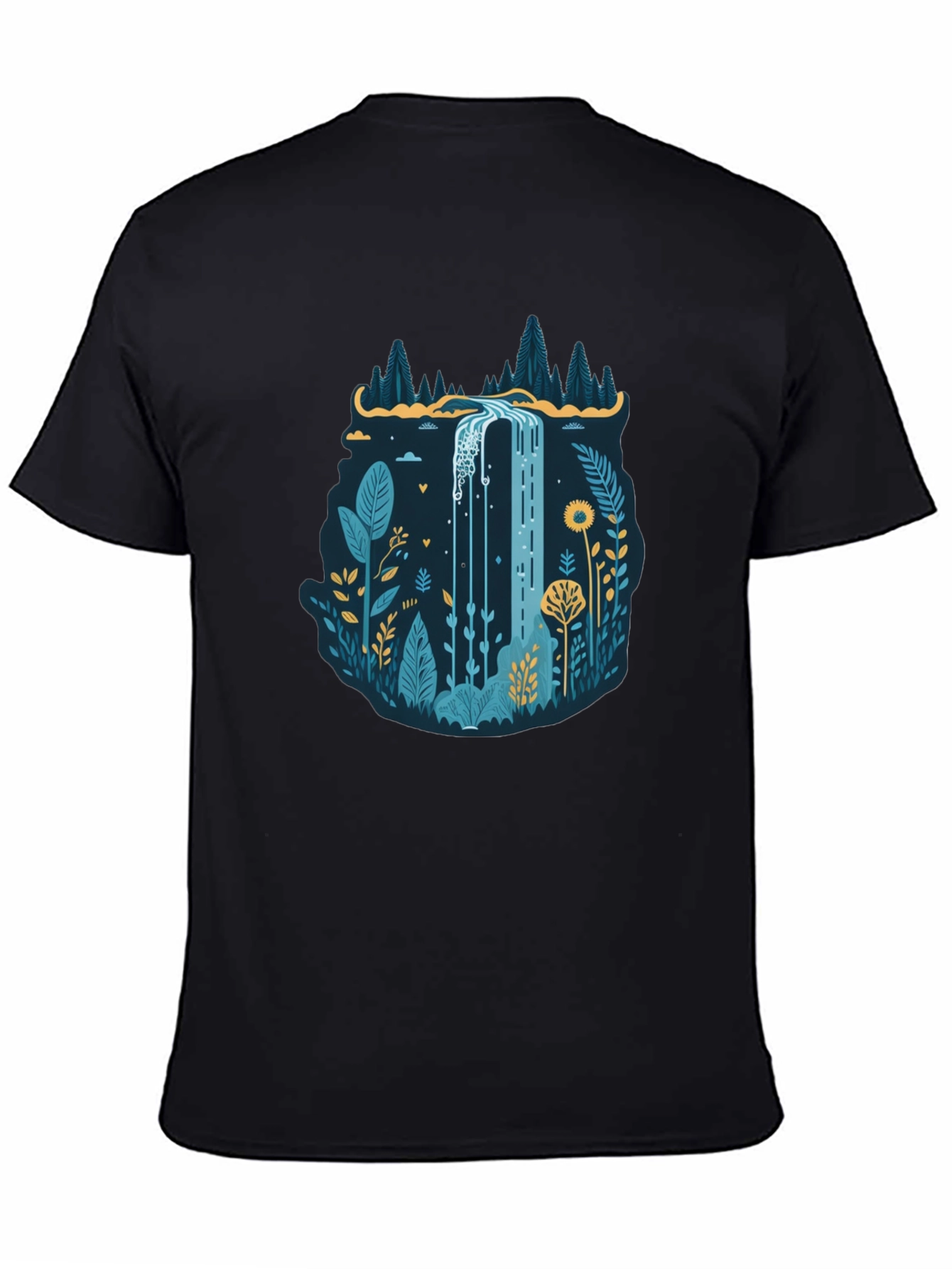 Black Nature Waterfall Graphic Black T-Shirt view 4