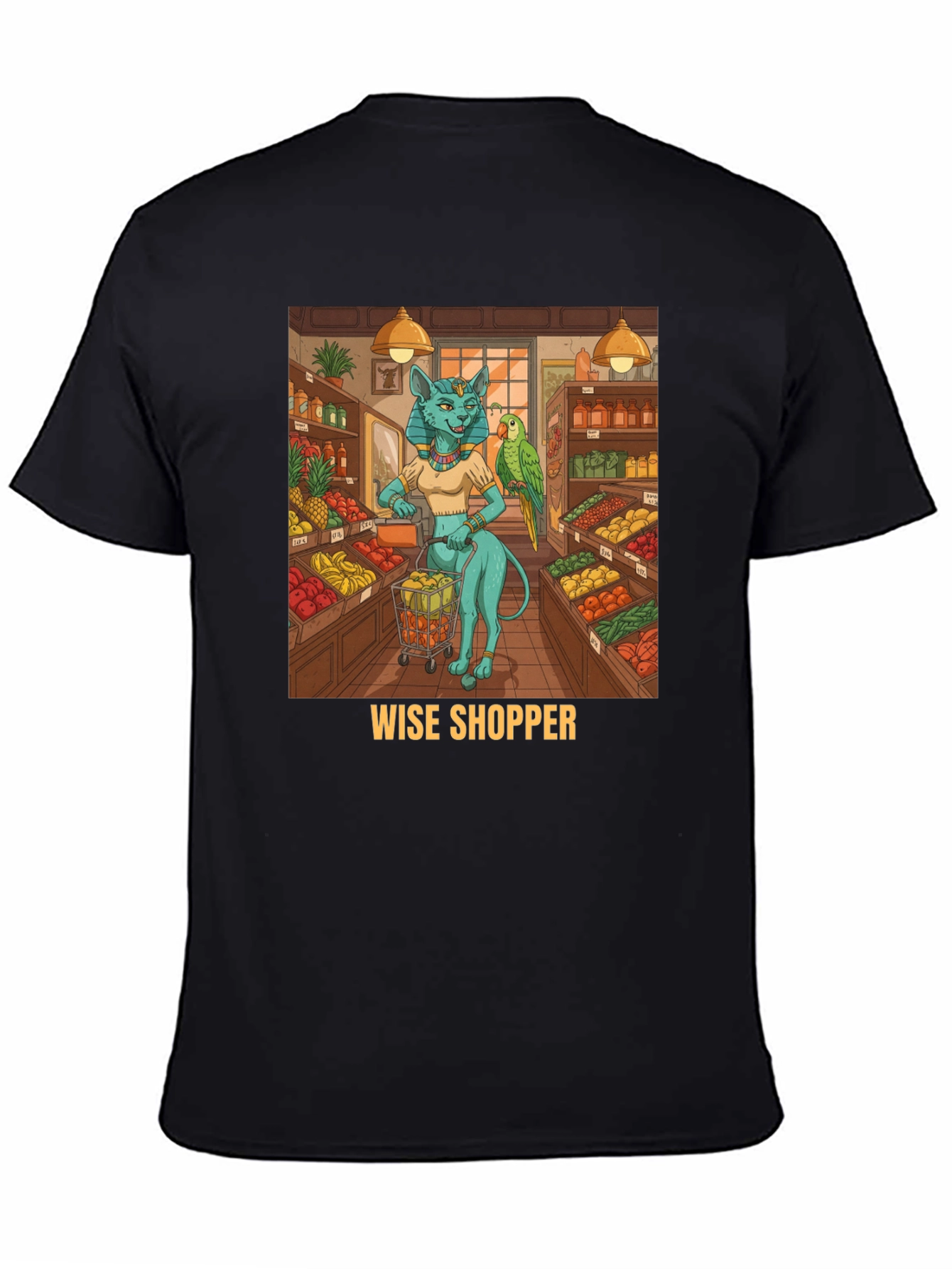 Black Wise Shopper T-Shirt, Cat Goddess, Fruit Market view 4