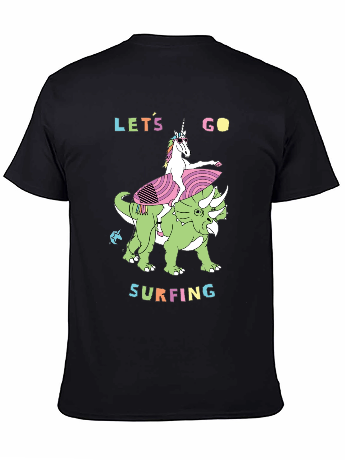 Black Unicorn Riding Dinosaur Graphic Tee - Let's Go Surfing view 4