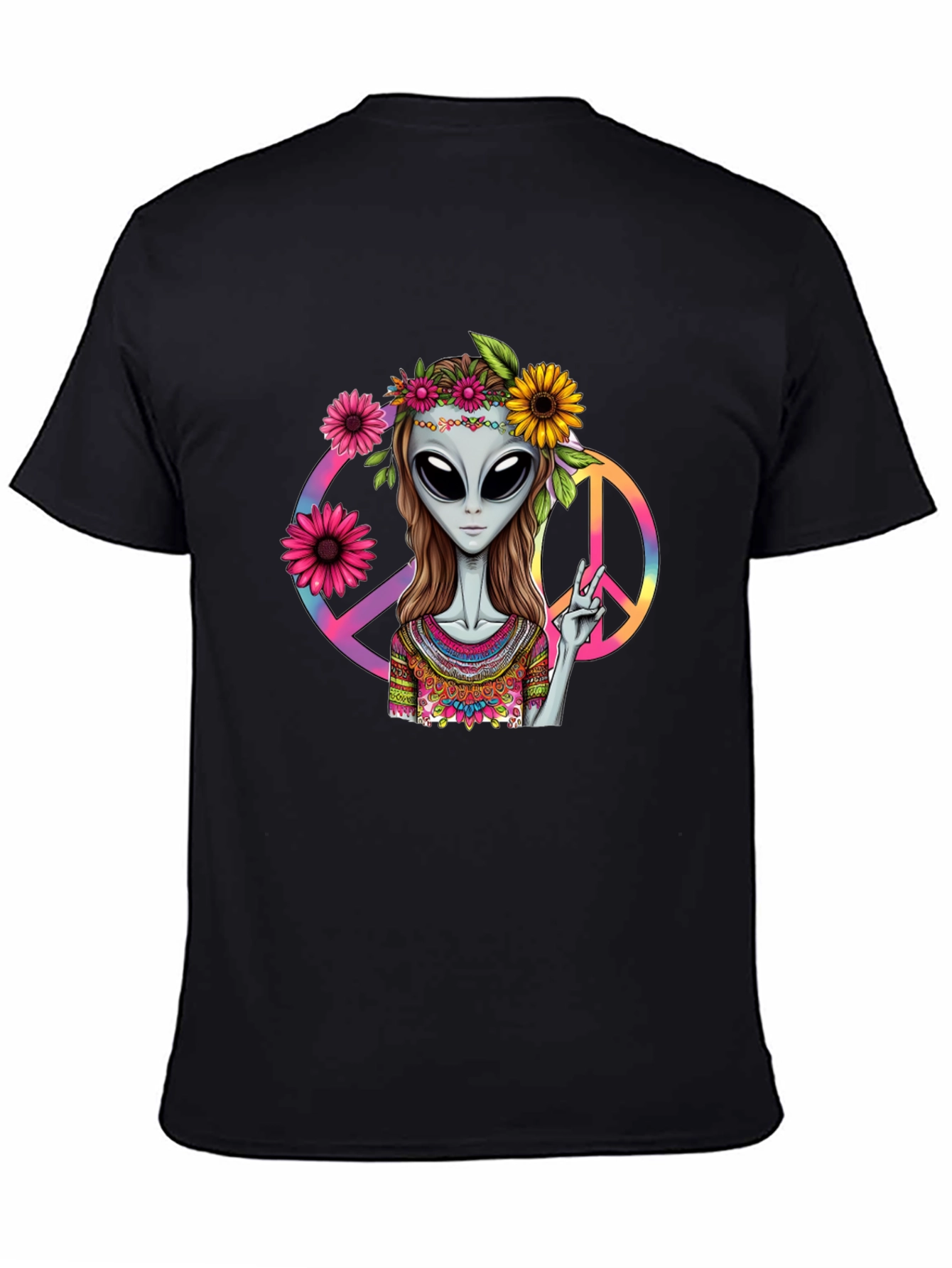 Black Alien Peace T-Shirt - Black Graphic Tee view 4