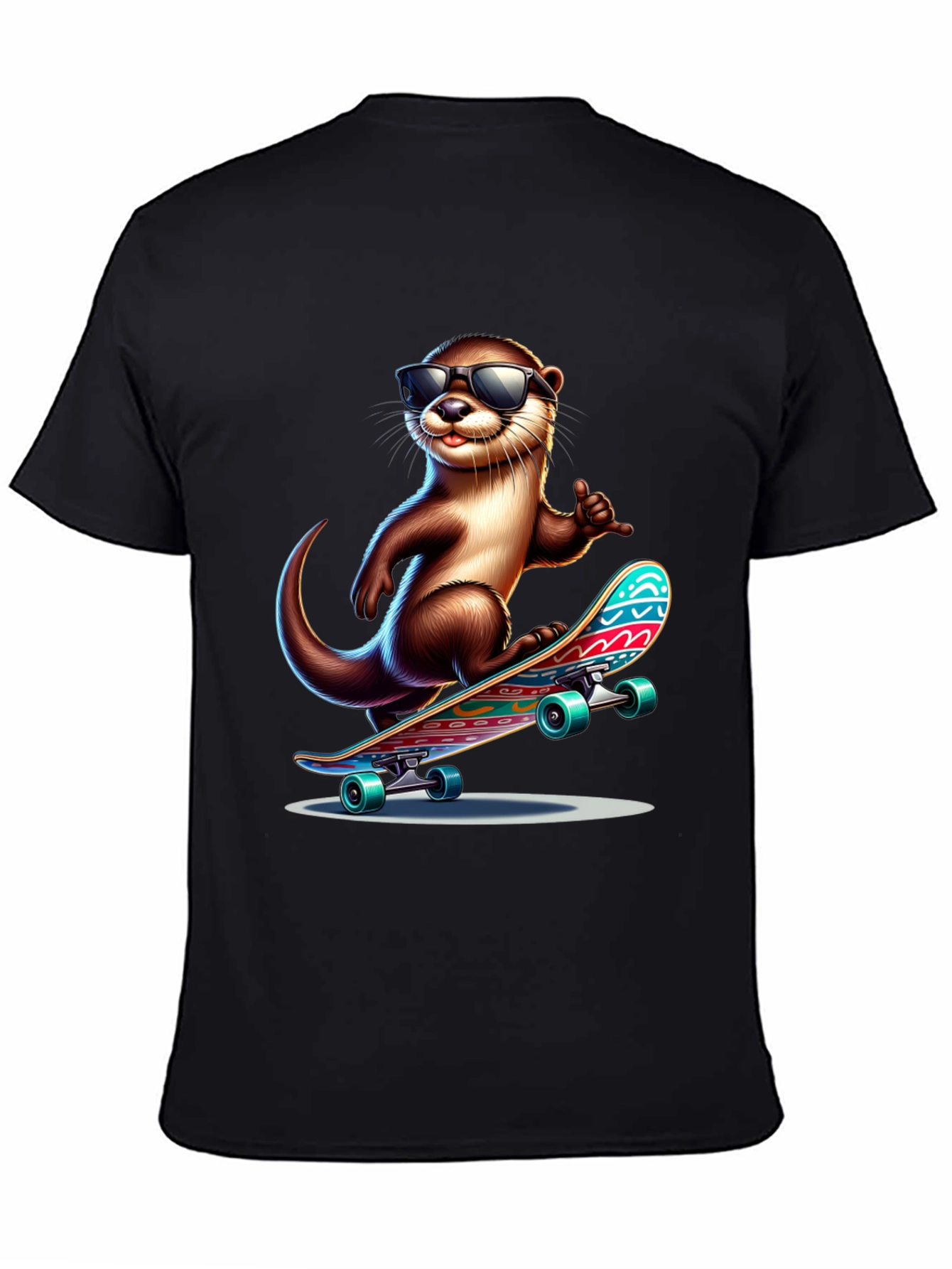 Black Cool Otter Skateboard T-Shirt - Black Cotton Tee view 4