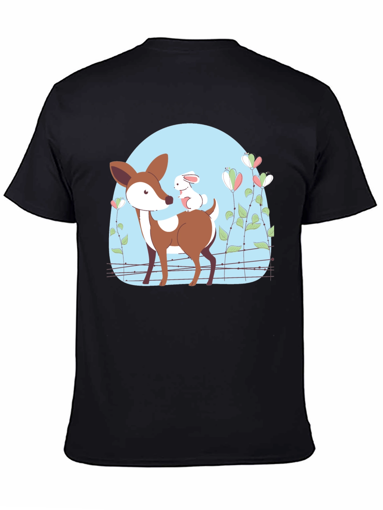 Black Cute Deer & Rabbit Graphic Black T-Shirt view 4