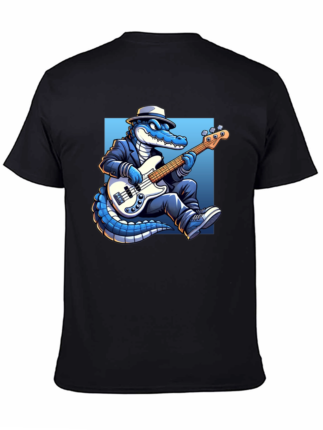 Black Cool Gator Playing Bass Guitar T-Shirt view 4