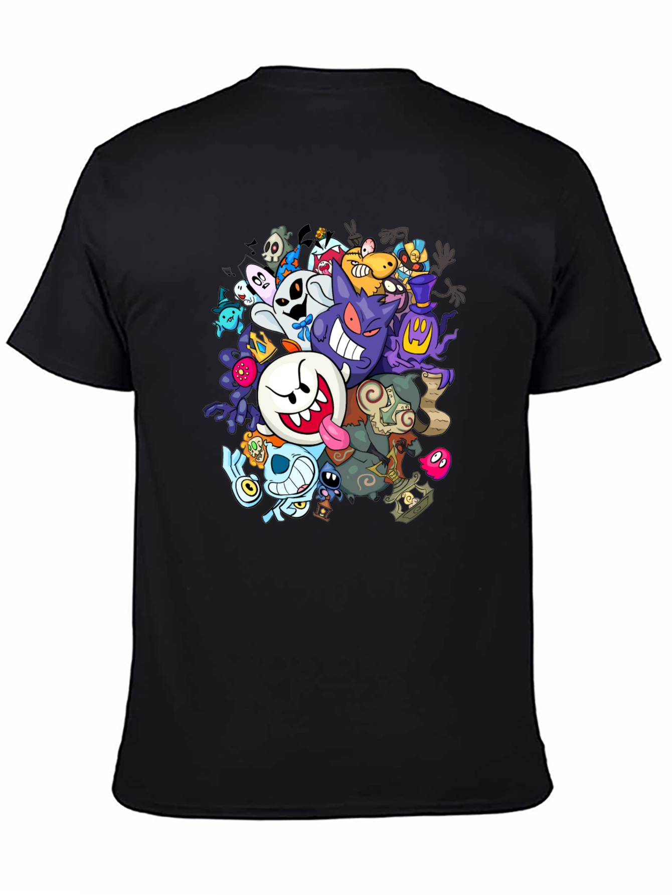 Black Ghostly Gathering T-Shirt: Spooky Cartoon Design view 4