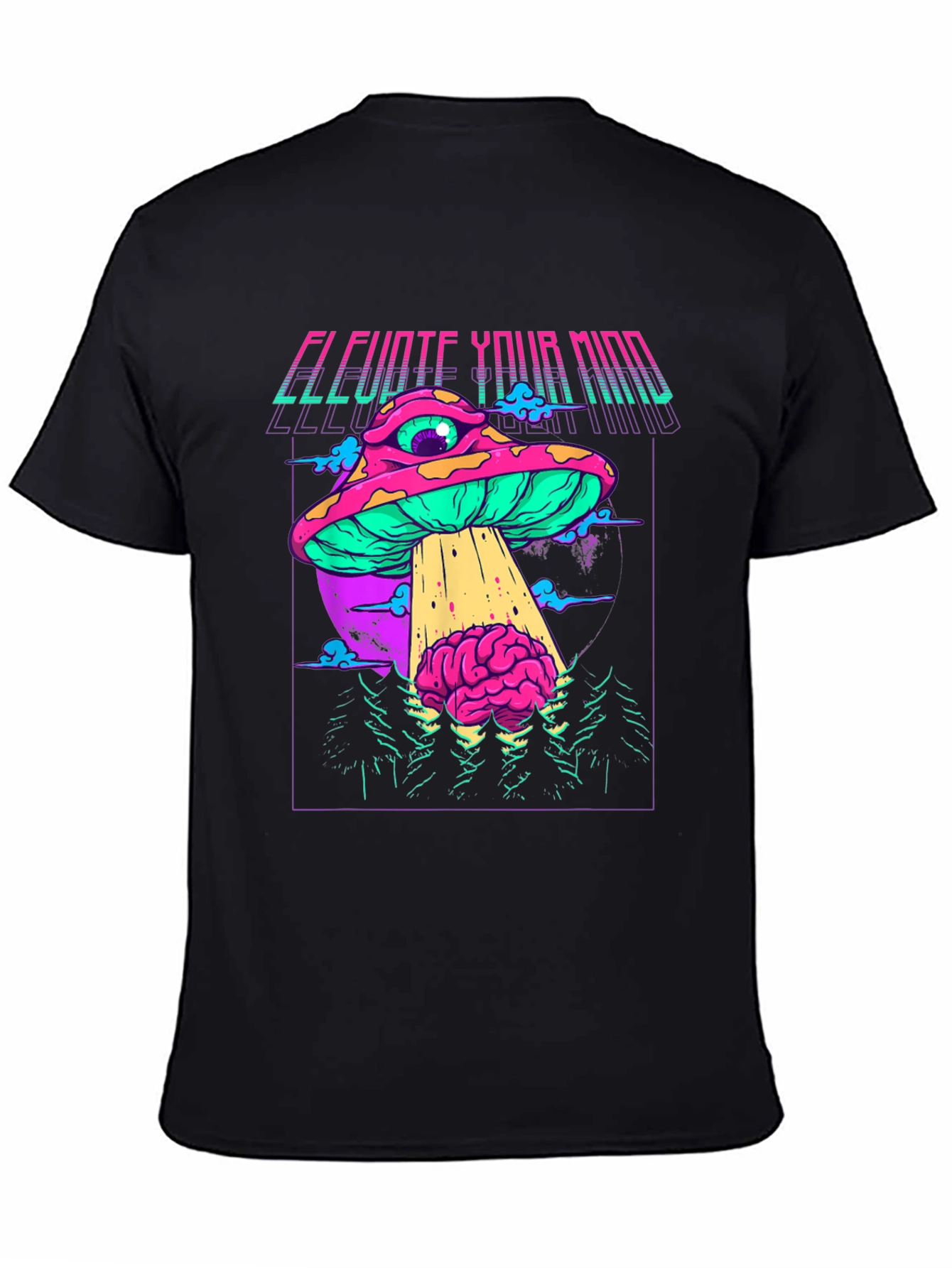 Black Elevate Your Mind Graphic T-Shirt - Retro Psychedelic Mushroom UFO view 4