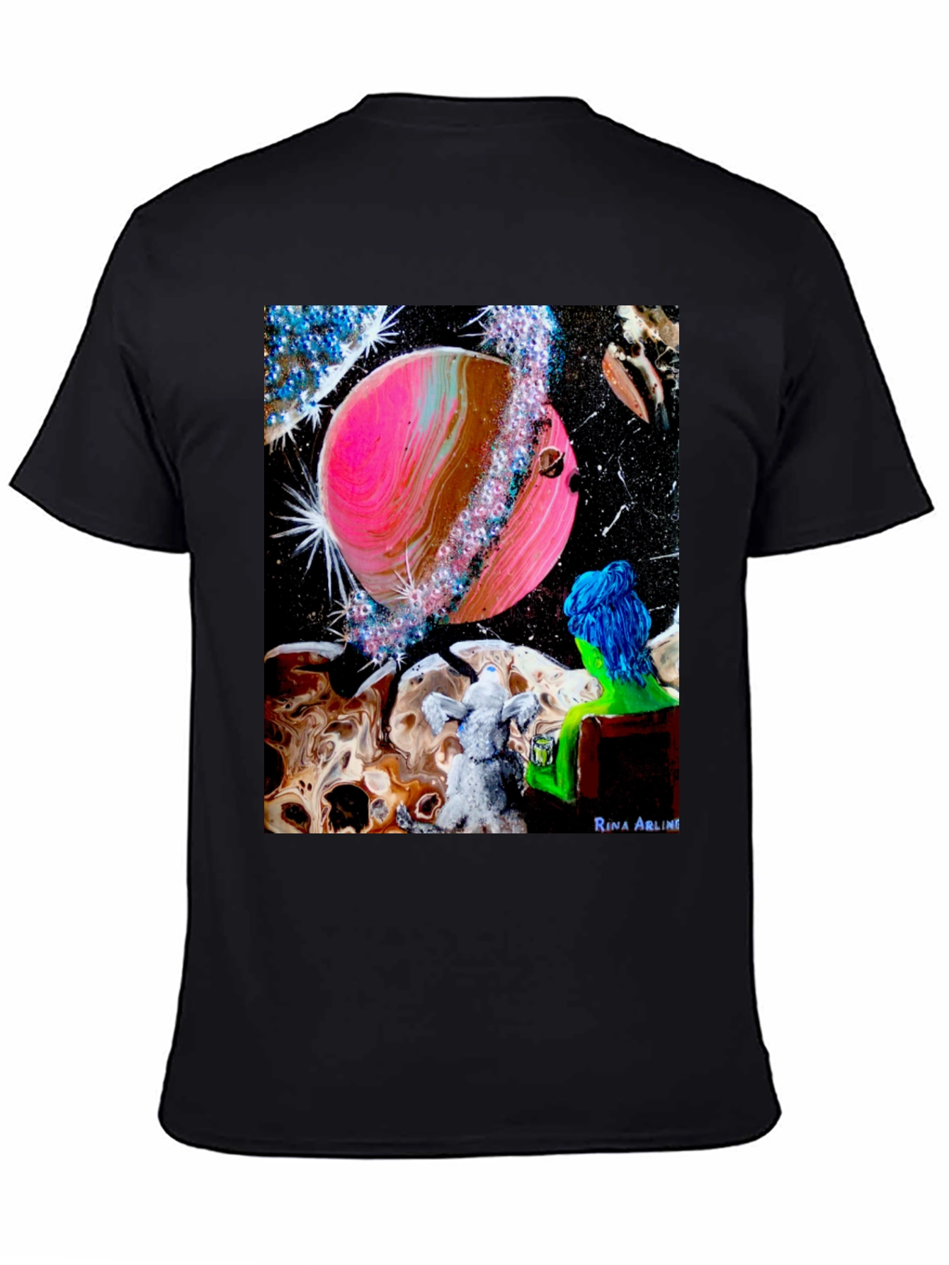 Black Cosmic Dreamer T-Shirt: Pink Planet & Blue Haired Girl view 4