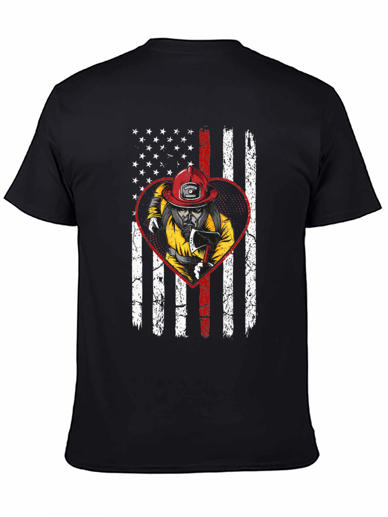 Black Firefighter US Flag Heart T-Shirt view 4